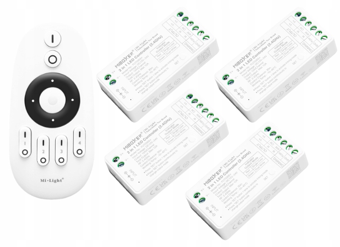Led zónové ovládanie, biela páska Mono a Cct MiBoxer, 4 ovládače diaľkový ovládač