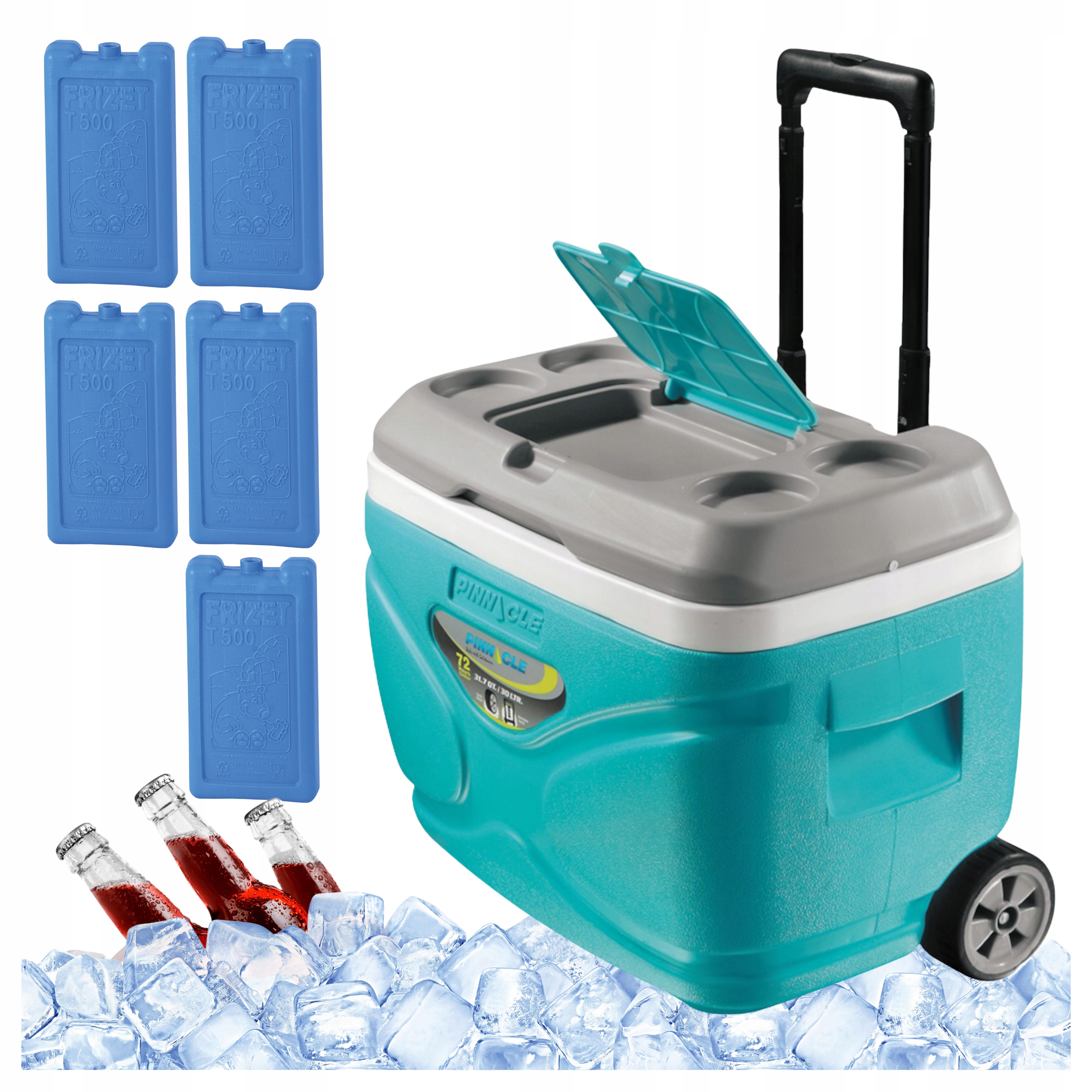 Turistická lednička na kolečkách tyrkysová Pinnacle 30 l 5 náplní 500 ml