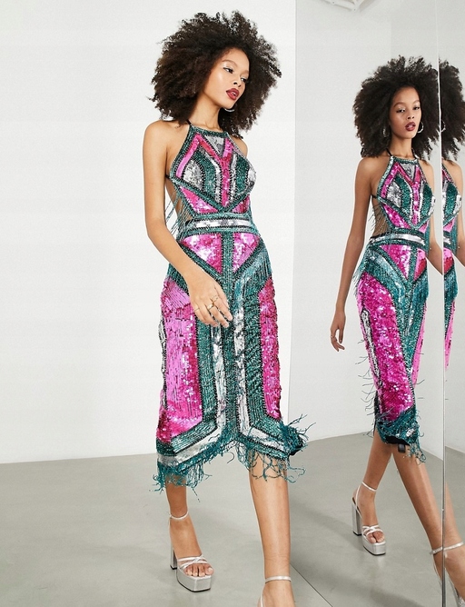 Zdobená Flitrová Koktejlová Šaty Korálky Střapce Edition 40 L