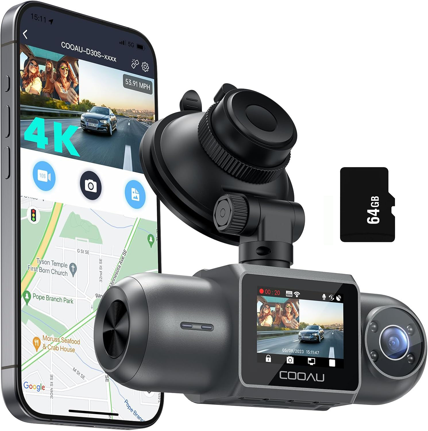Kamera Automobilová 4K Wifi Zpětná Gps Aplikace 64GB Karta Noční Vidění