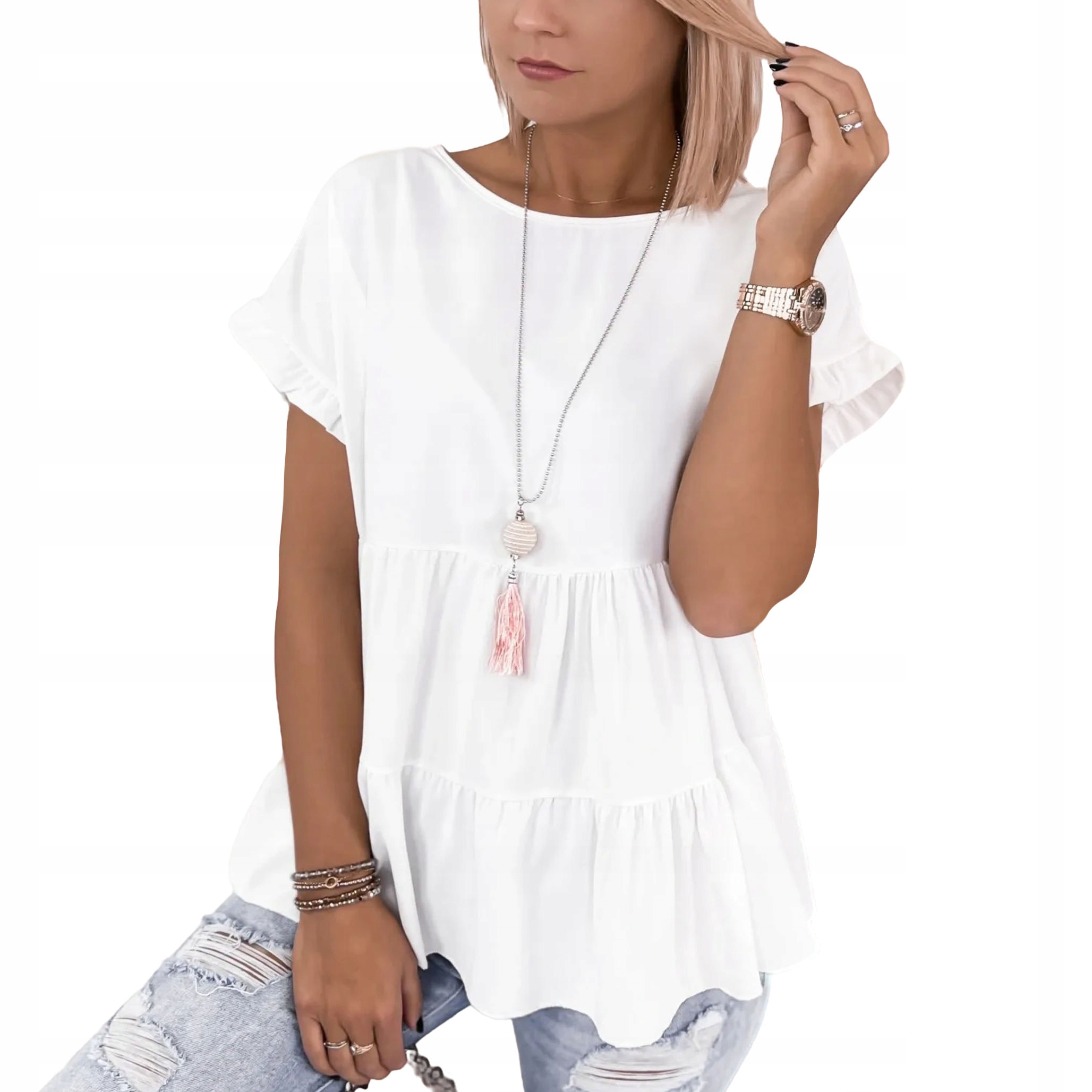 

Ecru Bluzka Damska z falbankami oversize