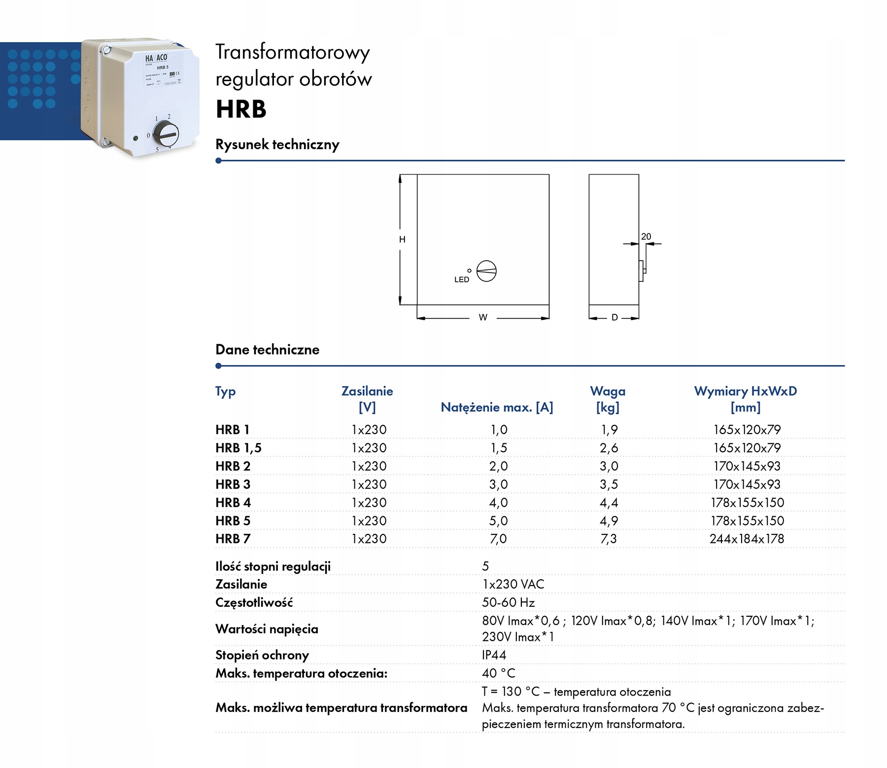 Transformatorowy regulator obrotów HRB HAVACO Marka Havaco