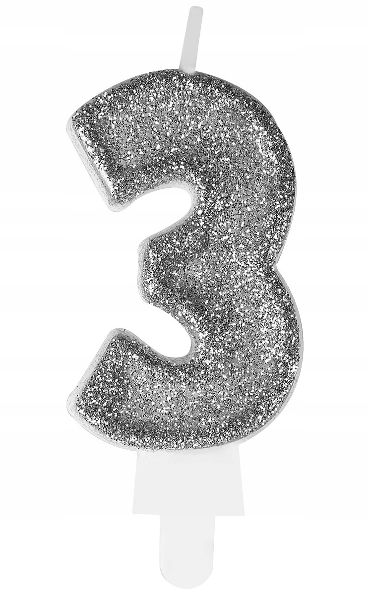 ŚWIECZKA URODZINOWA BROKATOWA CYFERKA 3 SREBRNA cyfra 1szt Marka Arpex