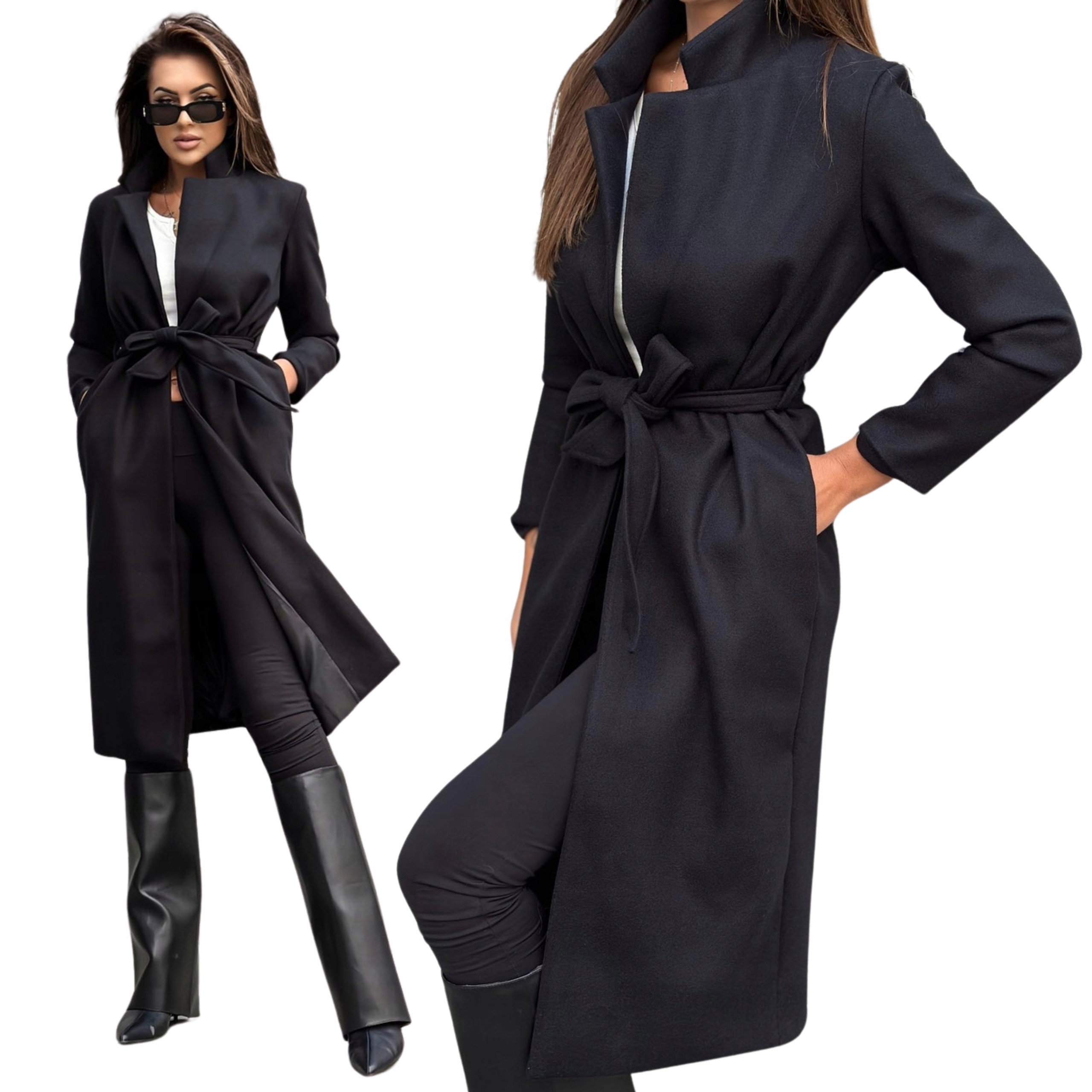 Dámský podzimní kabát elegantní dlouhý se zavazováním 034CLR černý L