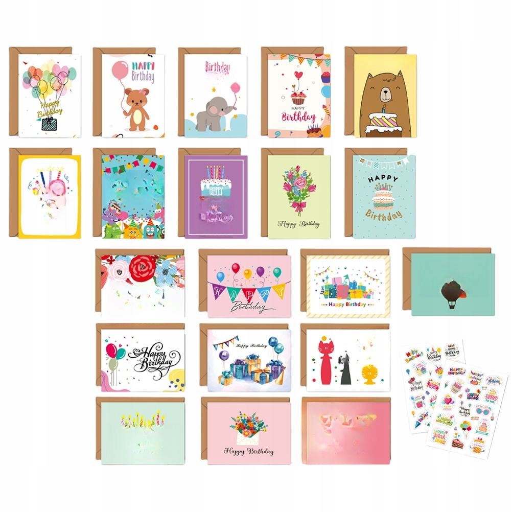 ZESTAW KARTEK URODZINOWYCH Z KOLOROWYMI KOPERTAMI