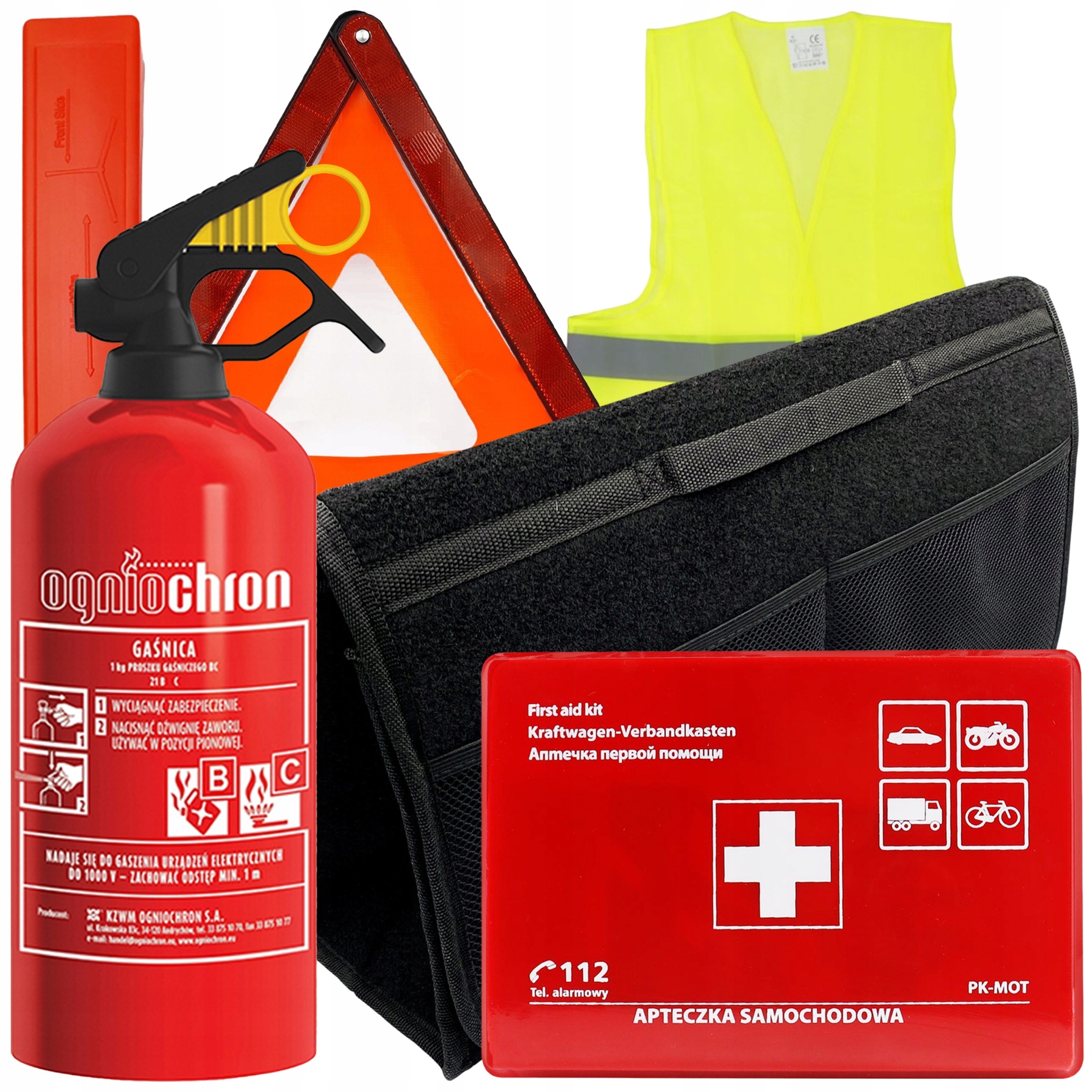 ZESTAW GAŚNICA APTECZKA TRÓJKĄT KAMIZELKA DO AUTA + ORGANIZER DO BAGAŻNIKA