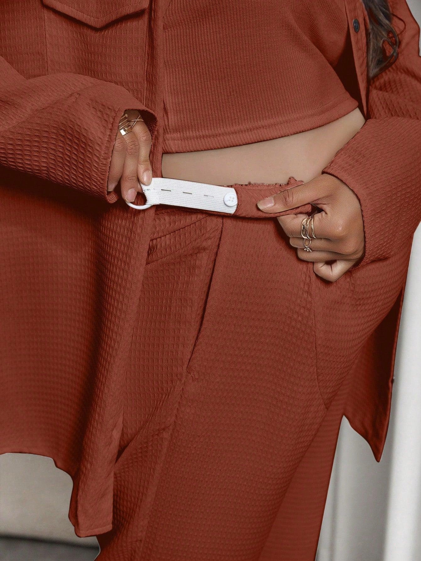 BRĄZOWY LUŹNY PROSTY TEKSTUROWANY KOMPLET KOSZULA DŁUGIE SPODNIE SHEIN 44 Marka Shein