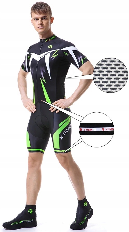 STRÓJ ROWEROWY KOMPLET KOLARSKI SPODENKI ŻELOWE KOSZULKA M X-TIGER ZIELONY Cechy dodatkowe kieszeń na plecach stójka wkładka wydłużony tył