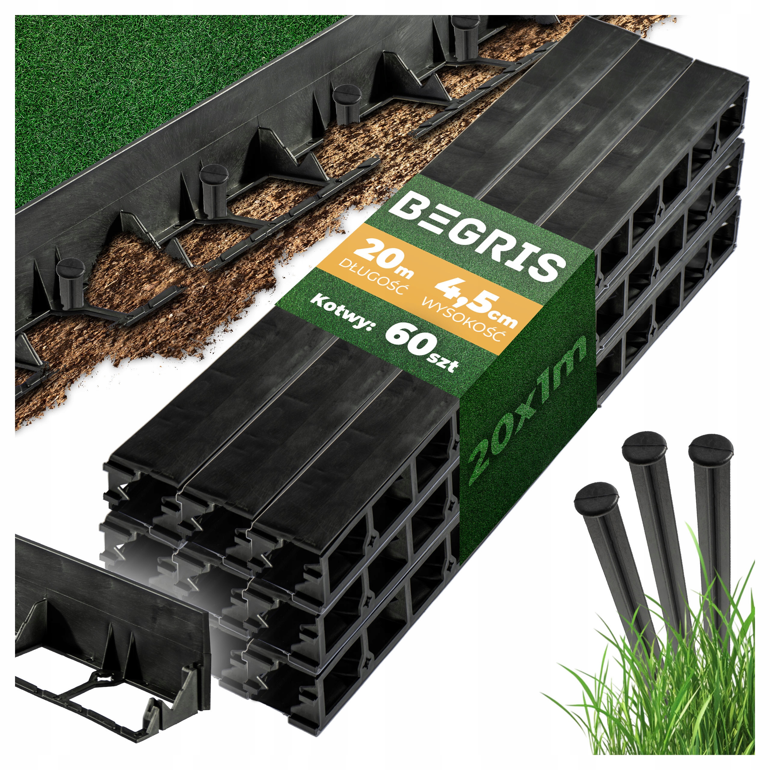 Obrzeże 4,5CM 20M 60 Kotew Trawnikowe Ogrodowe Elastyczne Czarne Border