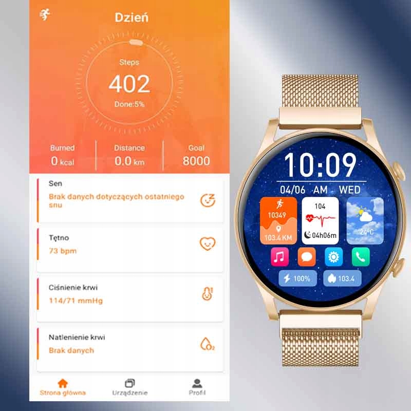 SMARTWATCH ZEGAREK DAMSKI POLSKIE MENU ROZMOWY CIŚNIENIE PULS SPORT AMOLED Kolor złoty