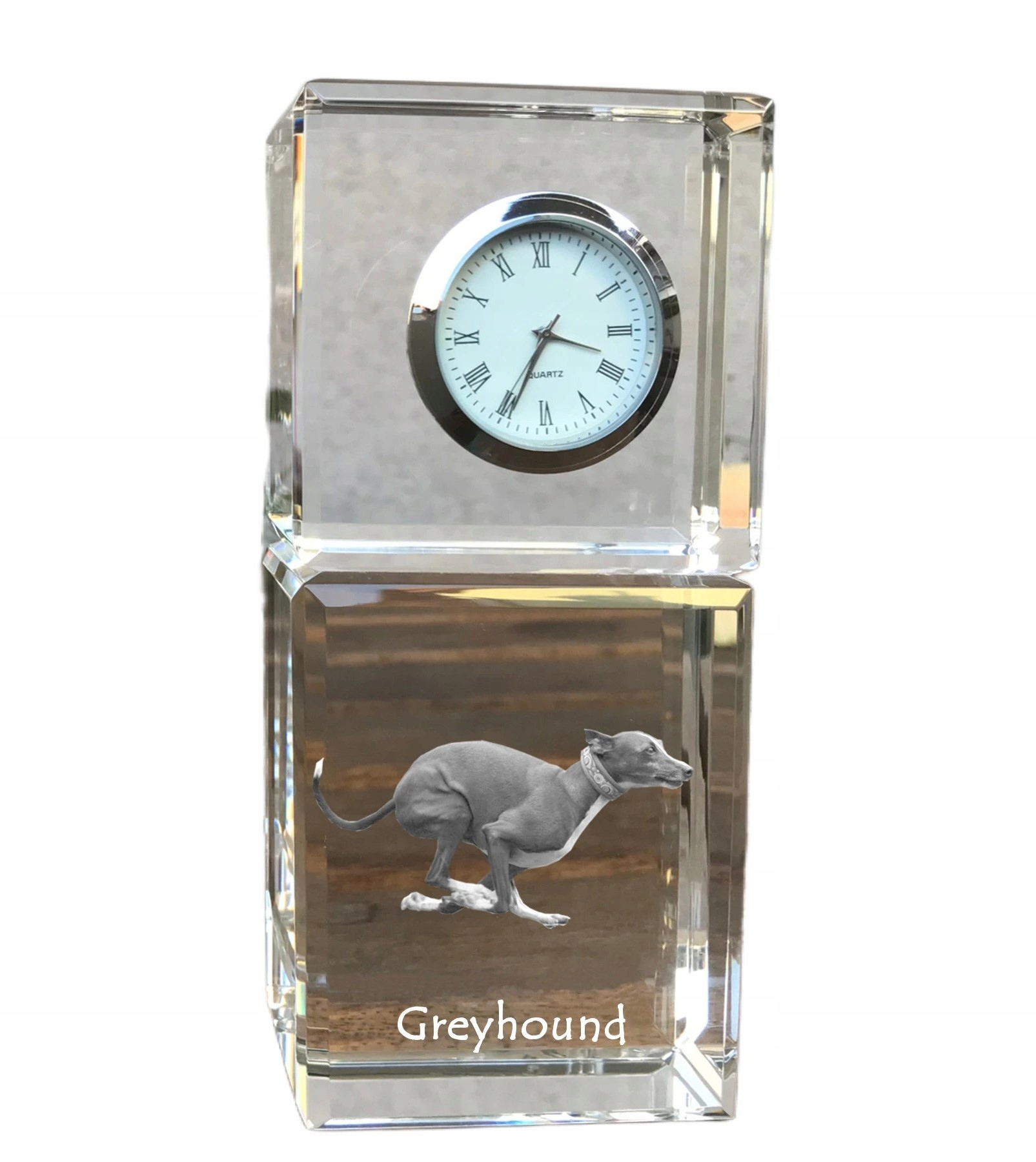 Greyhound krištáľové stolové hodiny so psom, s vašou fotografiou, suvenír