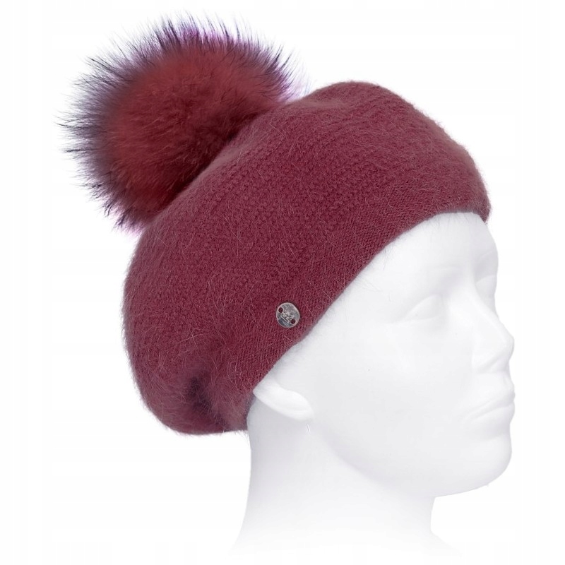 Beret Čepice s přírodním bambulem Vlněná s Angorou Bordo Jenot