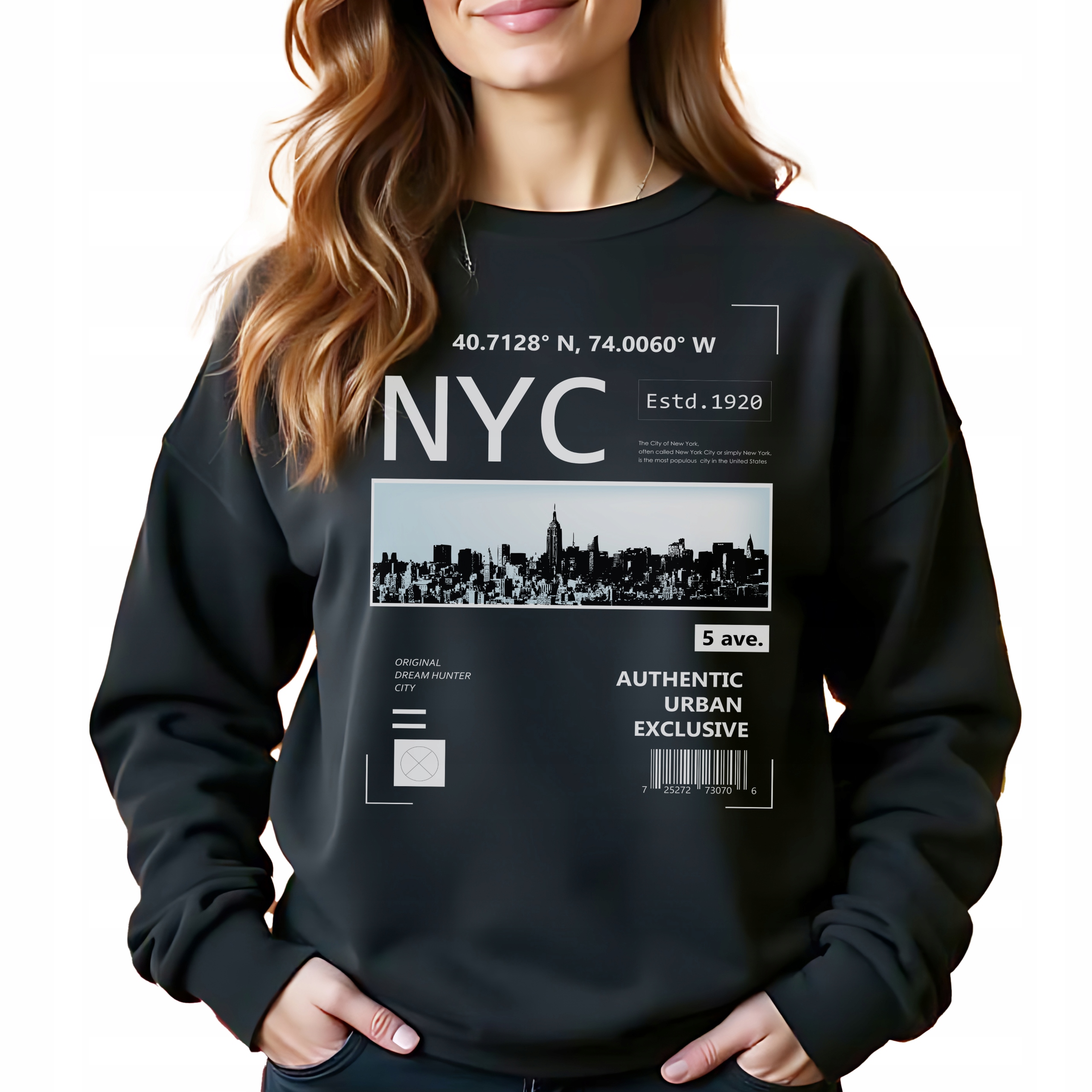 Černá bavlněná Mikina New York City Stylová Bez Kapuce Jako Dárek Vel S