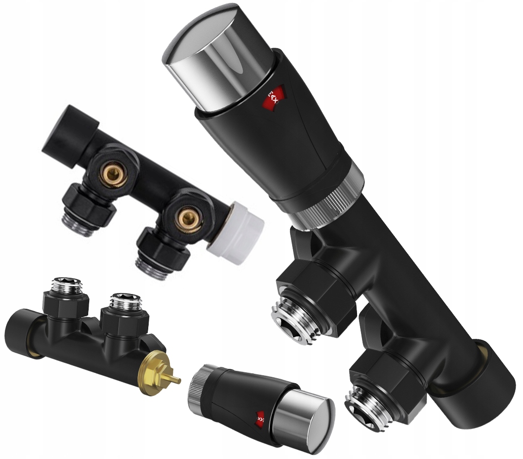 Čierny termostatický ventil pre radiátor Pex, mosadzný komplet, hlavica 1/2