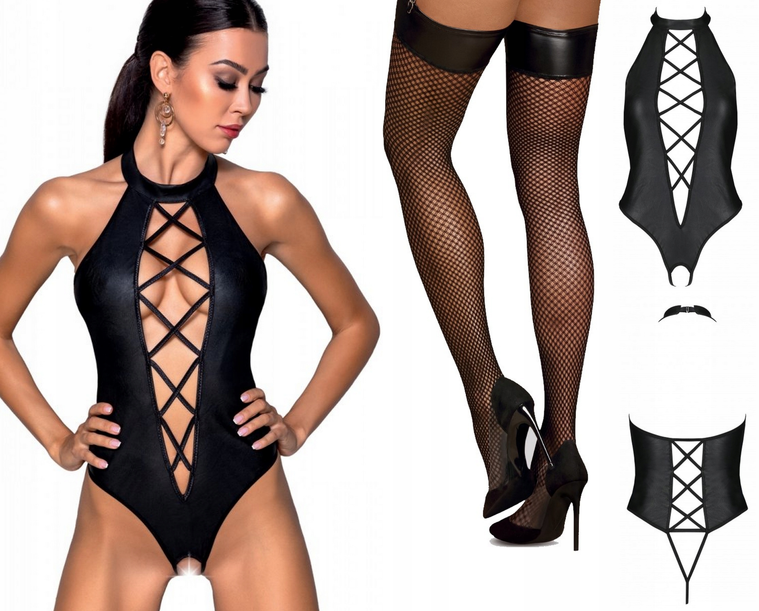 

Erotyczne Body Otwarte + Pończochy Kabaretki L/XL