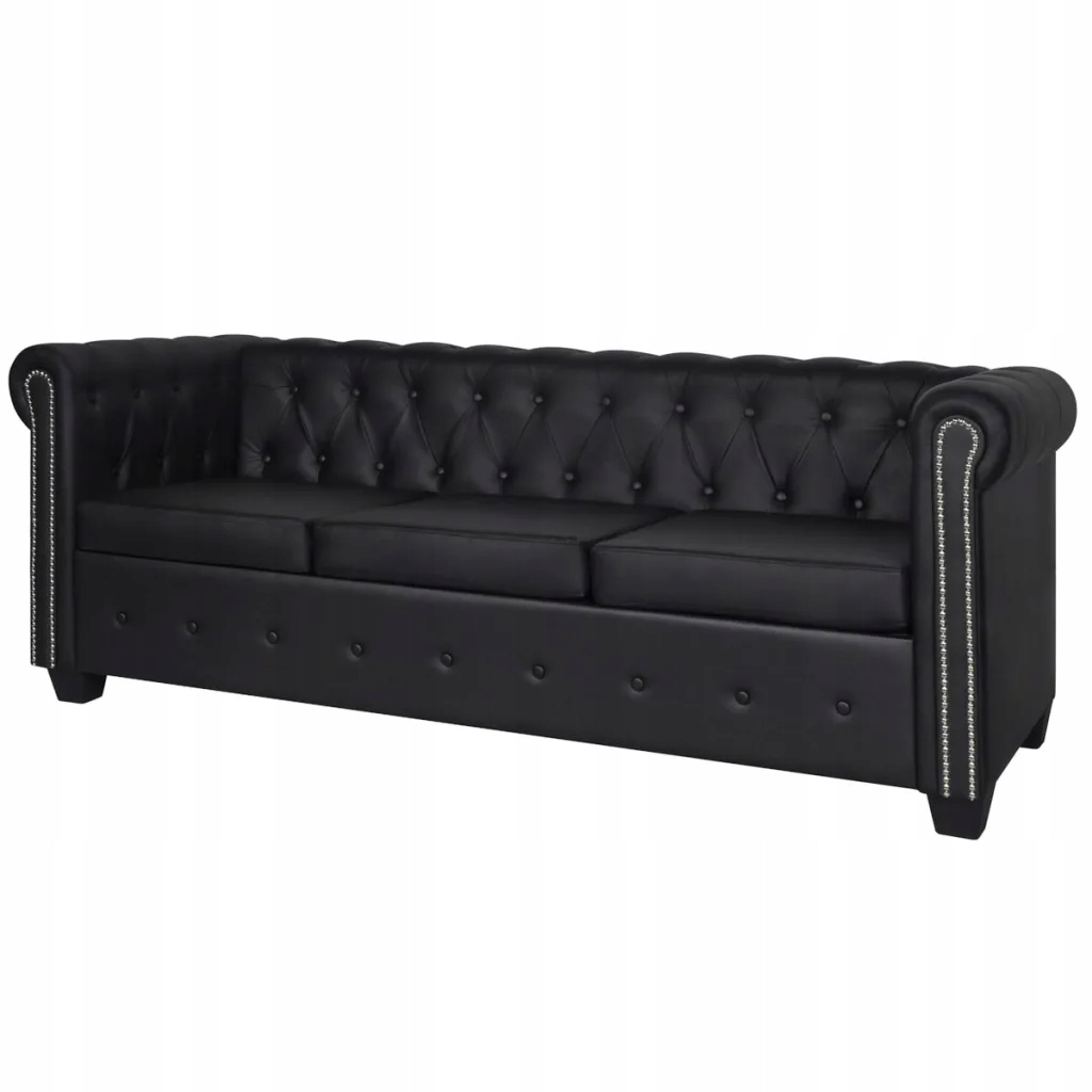 Třímístná pohovka Chesterfield, černá syntetická kůže, 200,5x76x70 cm