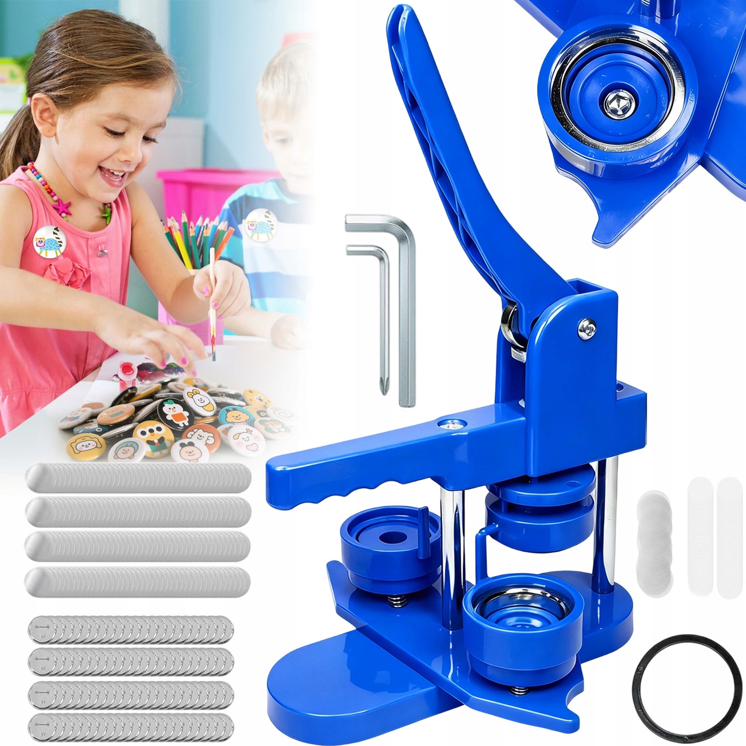 ZESTAW MASZYNA DO ROBIENIA PRZYPINEK PRASA +100 PINÓW DIY DLA DZIECI