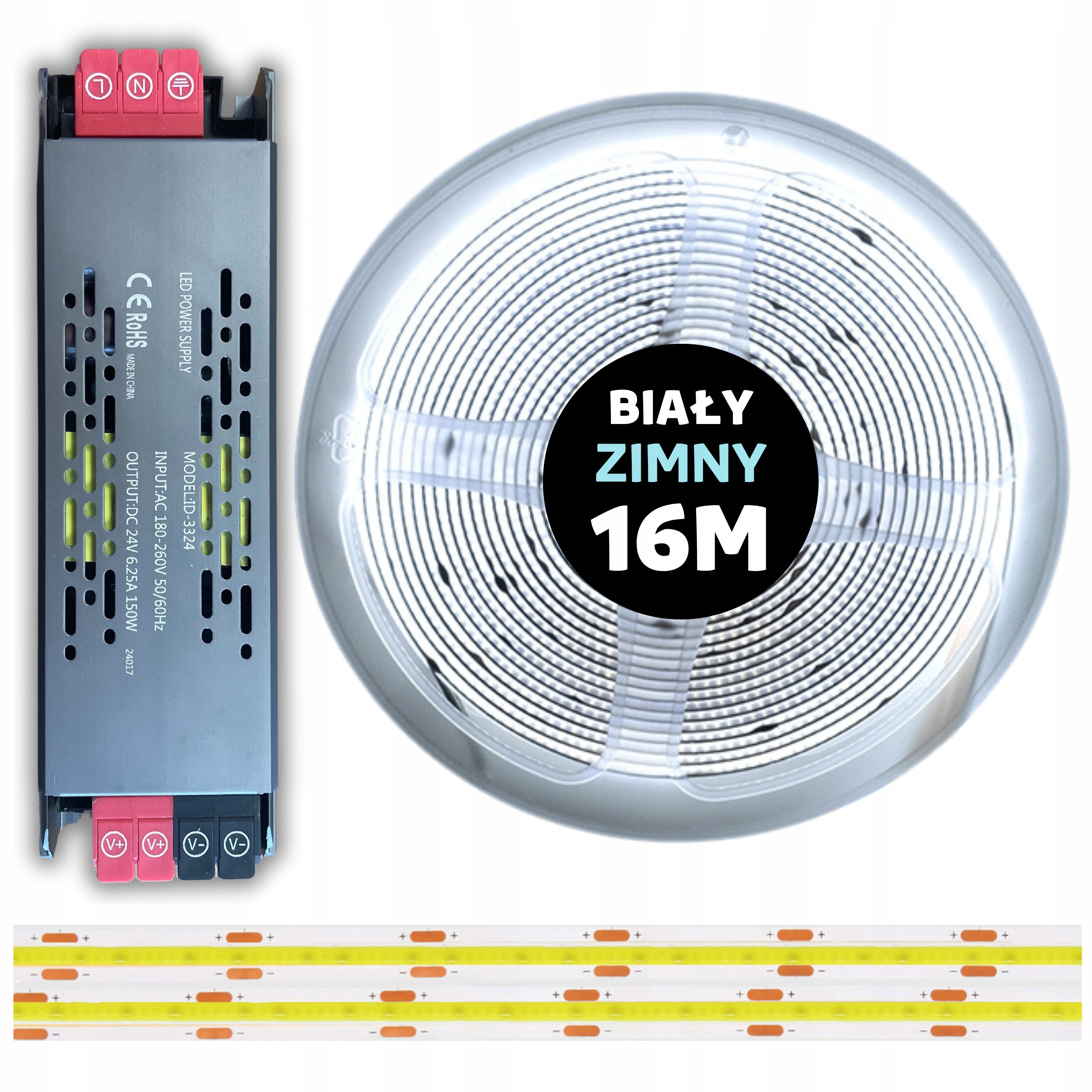Sada 16M Cob Led pásikov 480 diód 6000K studená biela 24V 10W s napájacím zdrojom