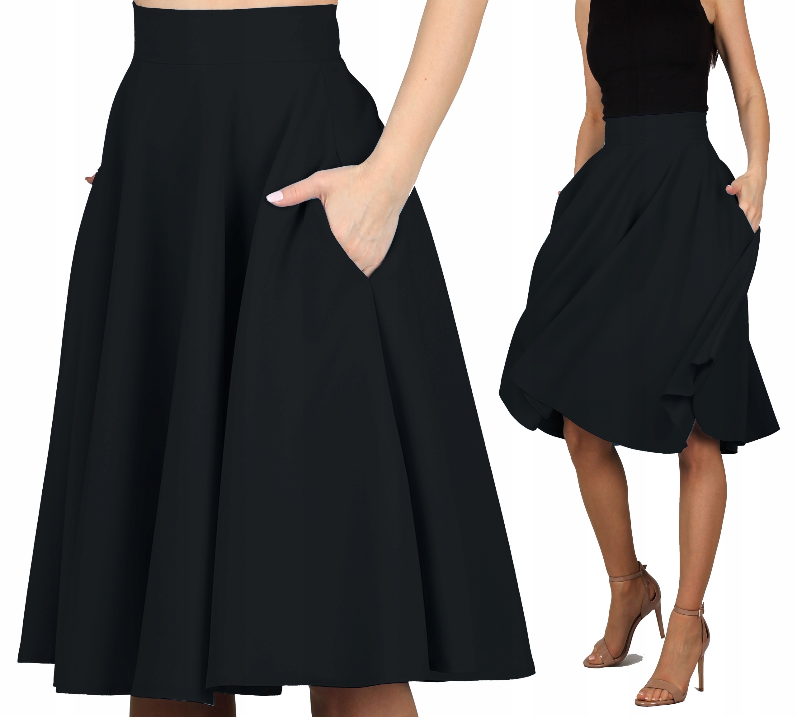 3XL Kapsy Černá sukně za koleno midi rozložená rozevřená kruhová