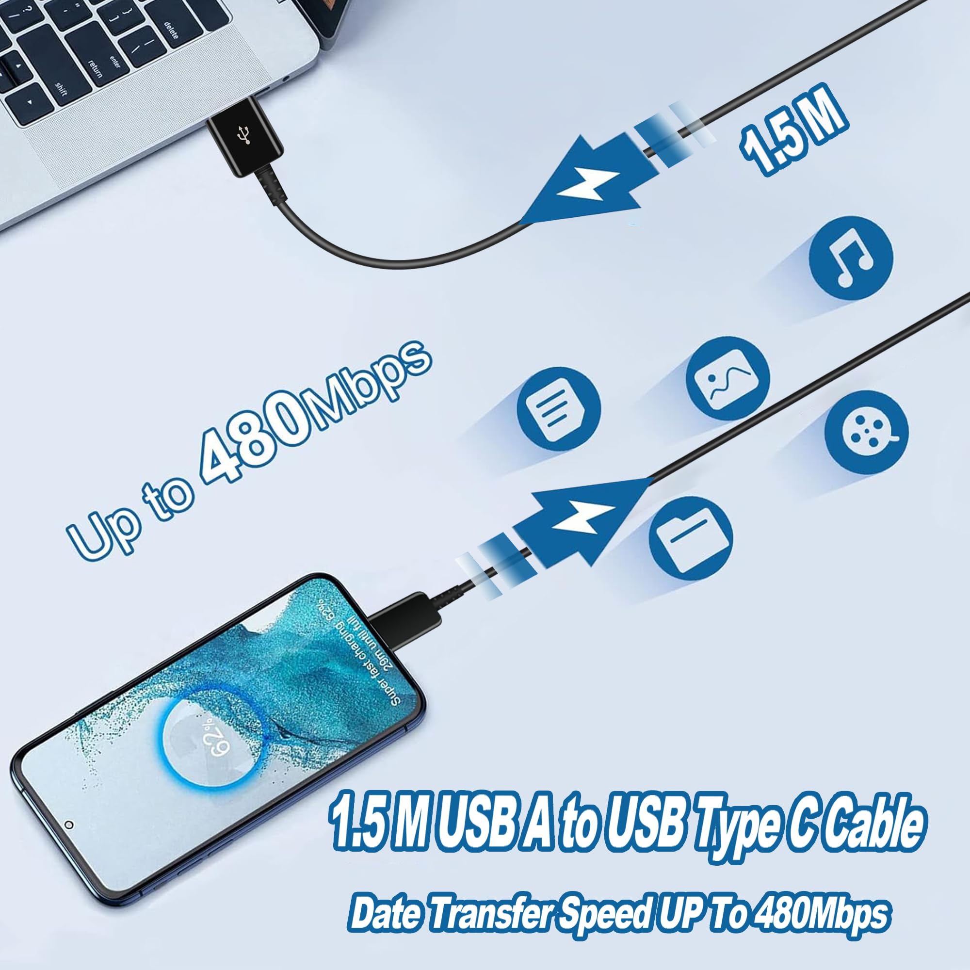 3ER PACK USB ŁADOWARKA Z KABLEM USB C DO Android GALAXY SZYBKIE ŁADOWANIE — miniatura 5