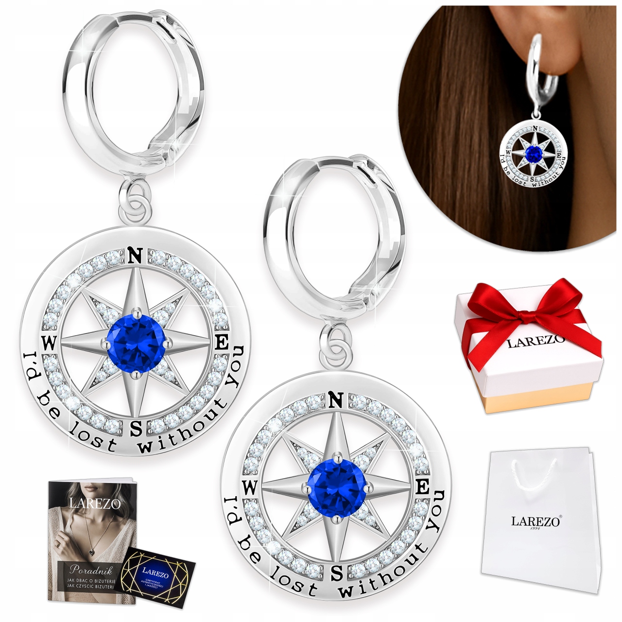 Stříbrné Náušnice Kompas Modré Zirkony Kroužky Krystaly Stříbro 925