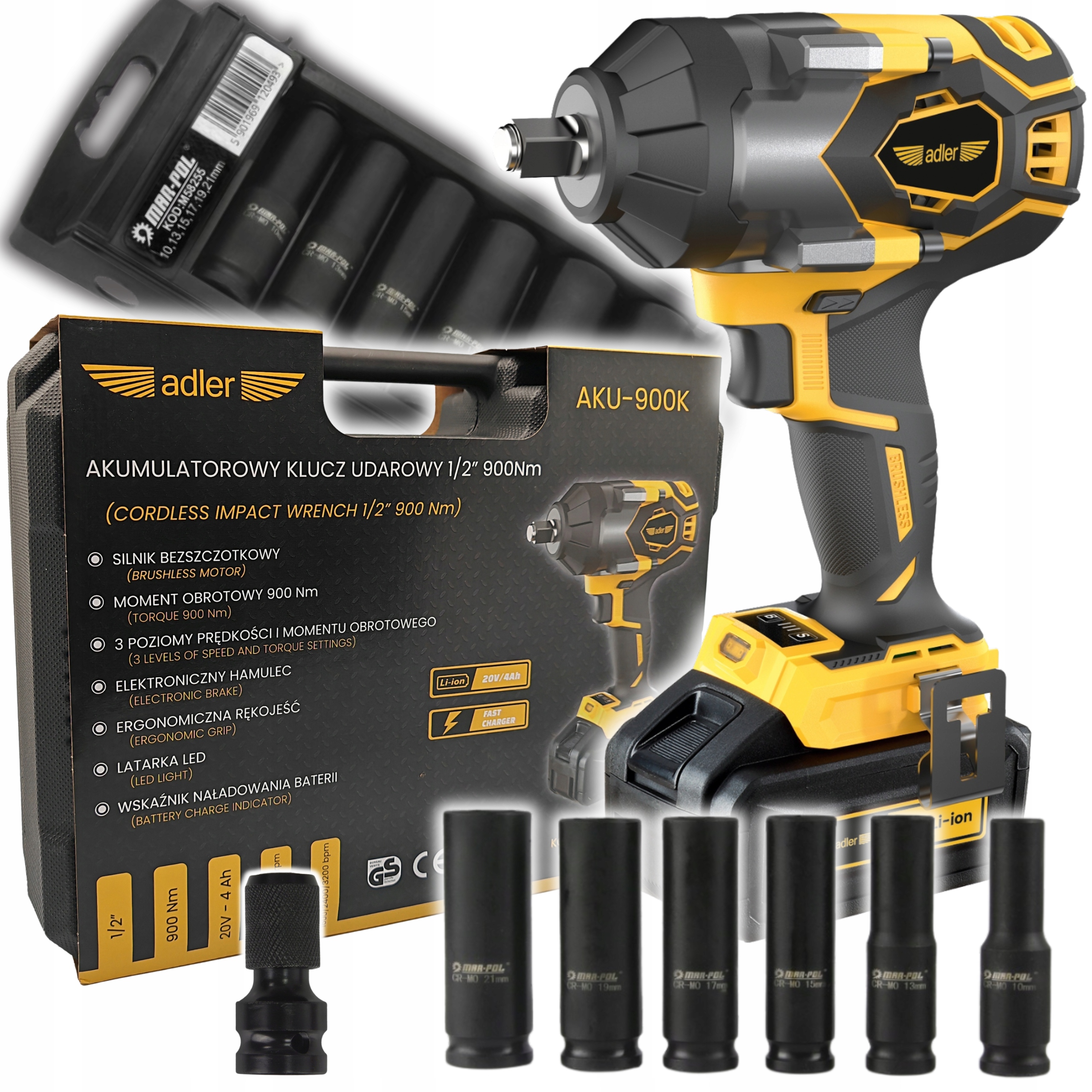 Sada Rázový Uťahovák Akumulátorový 900 Nm 1/2" 1x4Ah Nadstavce 6KS Držiak Bit
