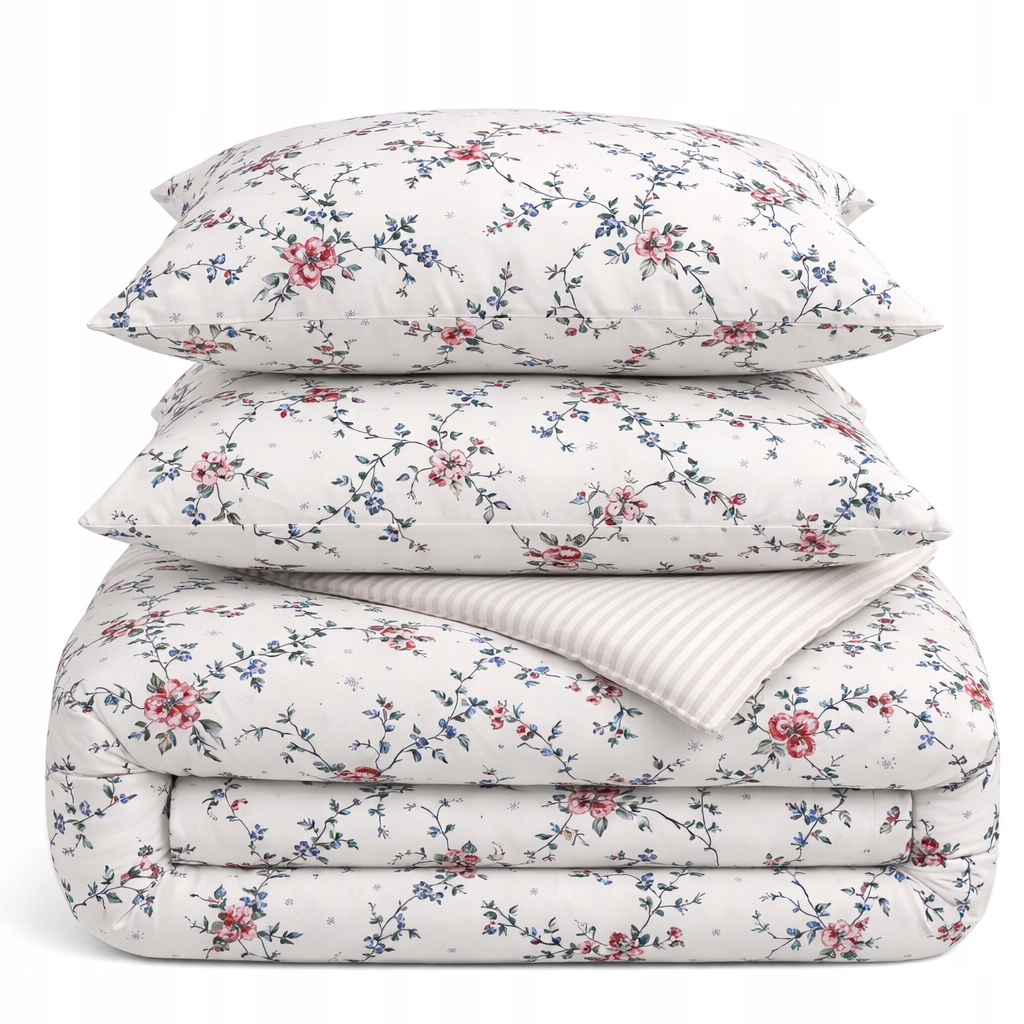 Pościel bawełniana 200x220 +poszewki naturalna bawełna biała w kwiatki