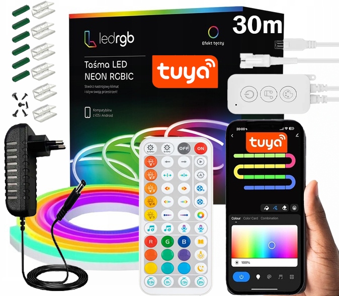 Set Led Pásek 30 m (2x15M) Neon 5050 Rgbic Wifi Tuya Apka Dálkový Ovladač Napájecí Zdroj