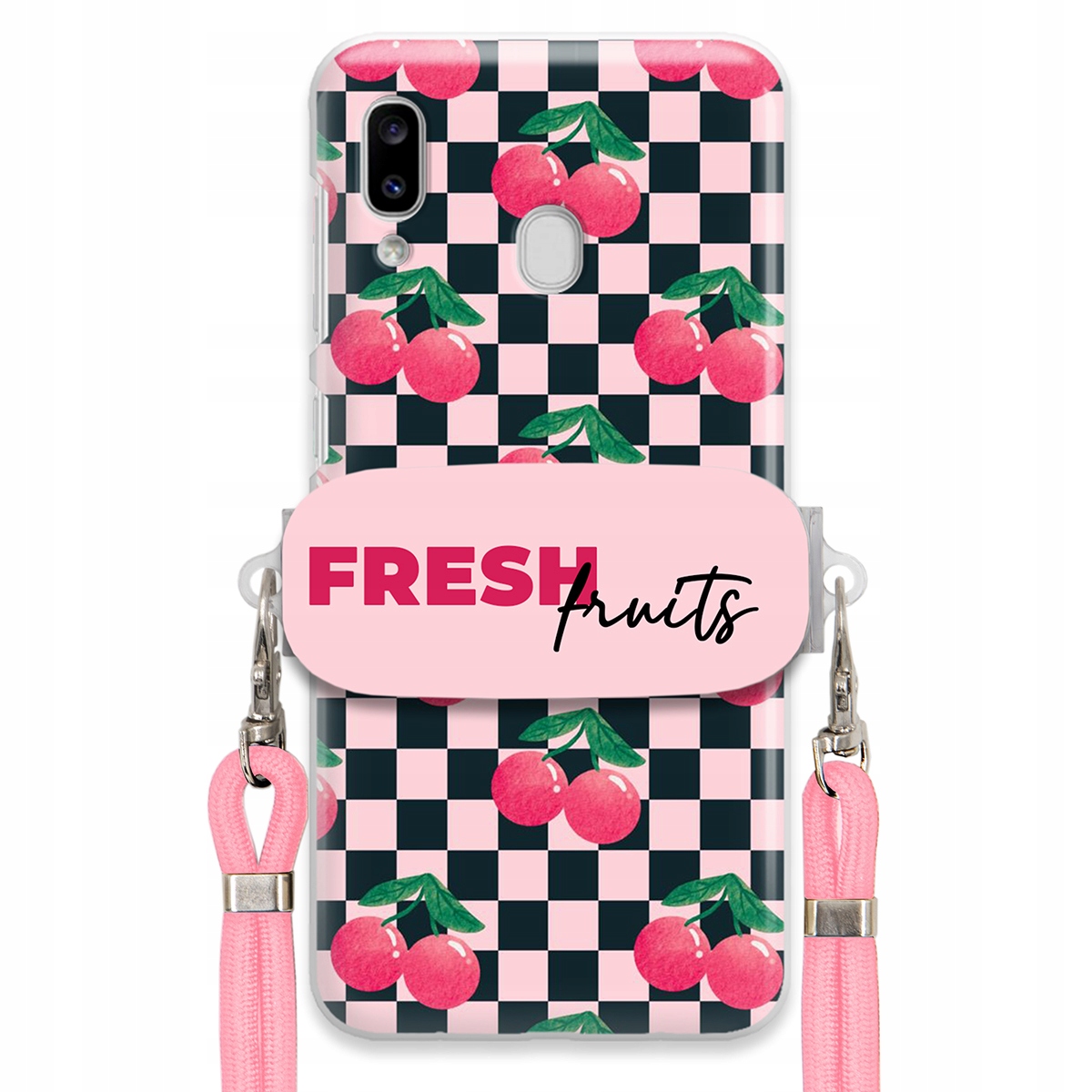 Puzdro pre Samsung A20e Vodítko Pink Crossbody držiak šachovnice Fresh Fruits