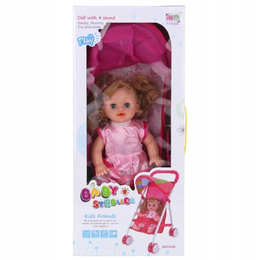 WÓZEK SPACEROWY Z LALKĄ LEKKI METALOWY SKŁADANY RÓŻ SPACERÓWKA LALKA MÓWI Certyfikaty, opinie, atesty EN 71