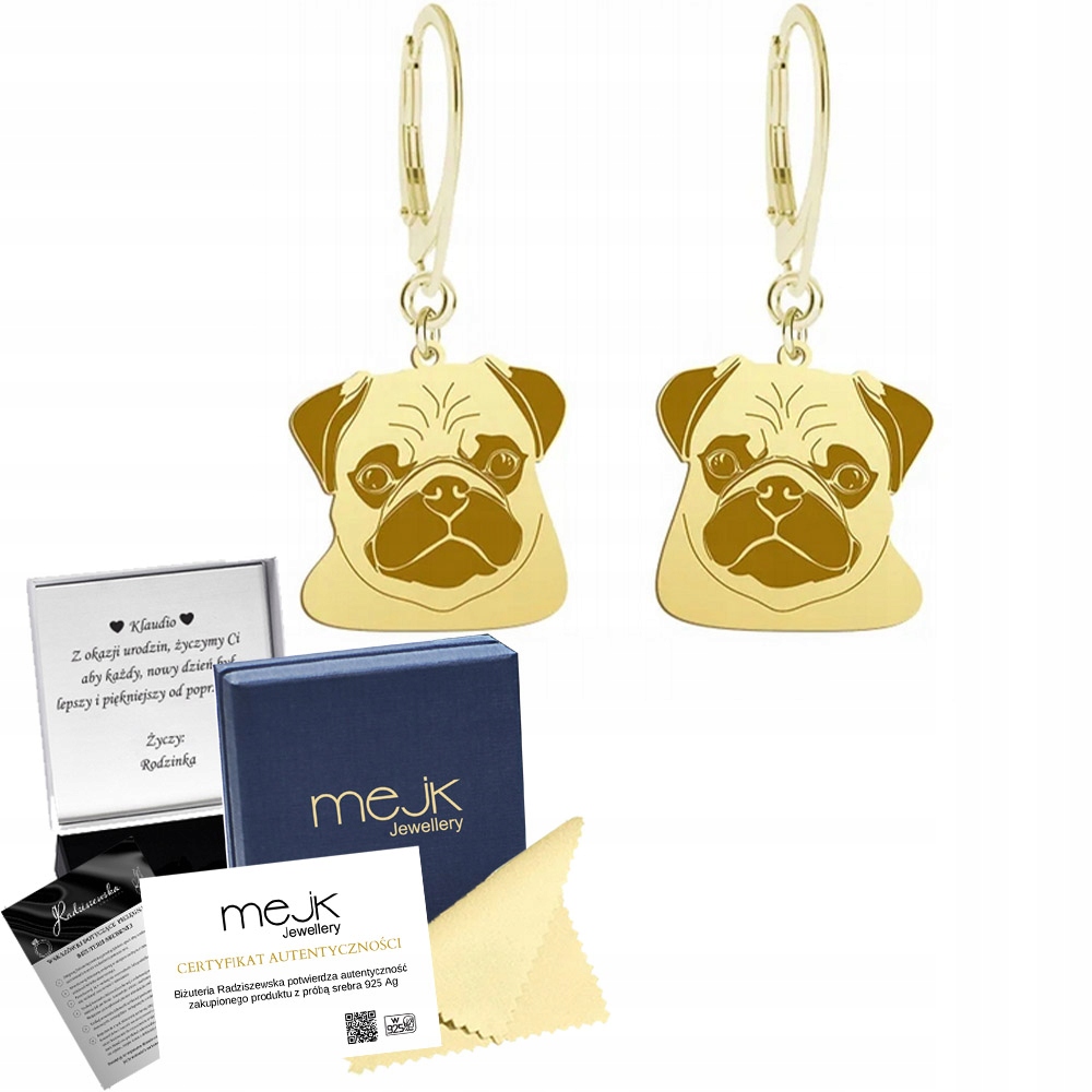 Náušnice Zlaté s Mopsem 925 Šperky jako Dárek Bigle Žena Dedikace