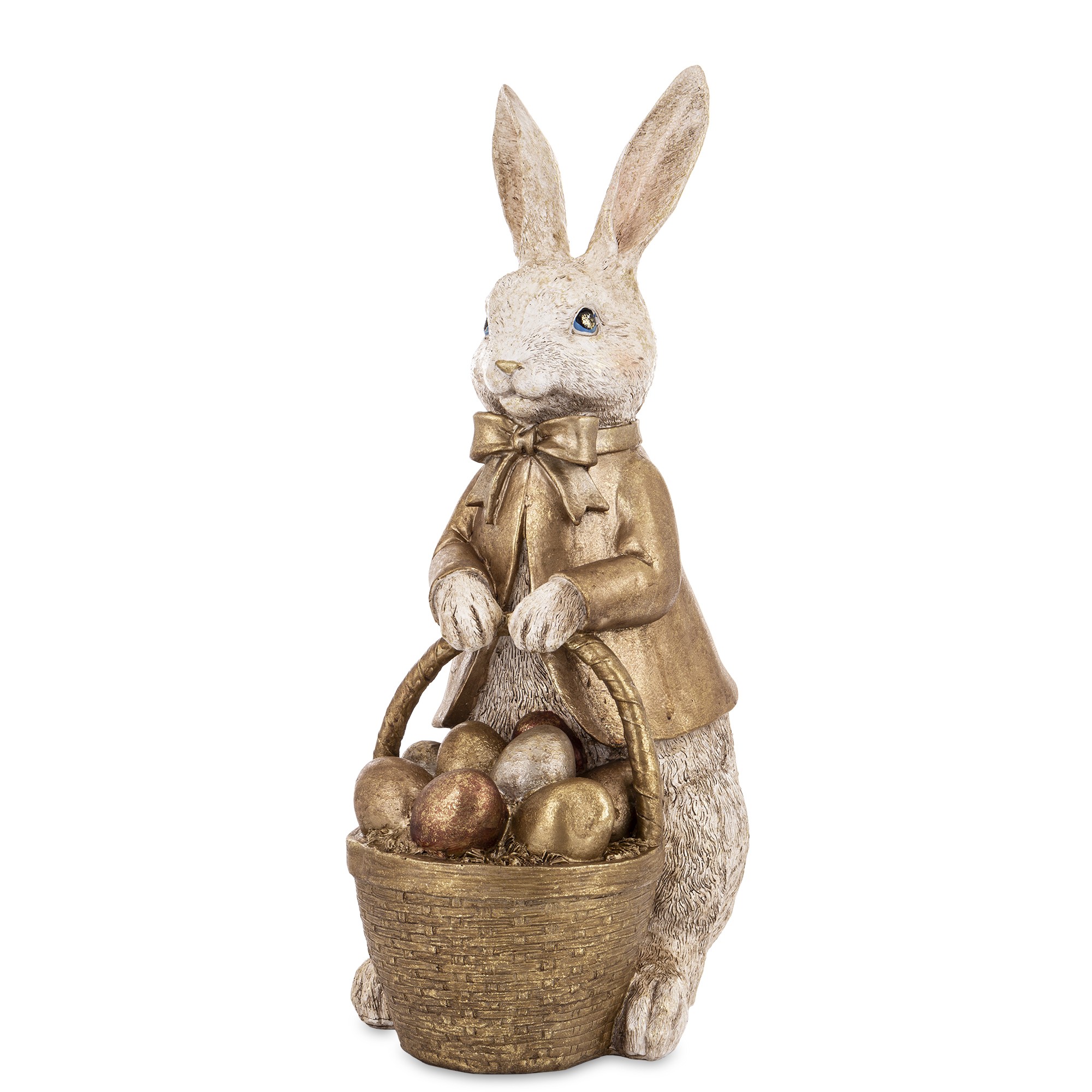Figurka 50 cm Zlatý veľkonočný králik stojaci zajac s košíkom s vajíčkami