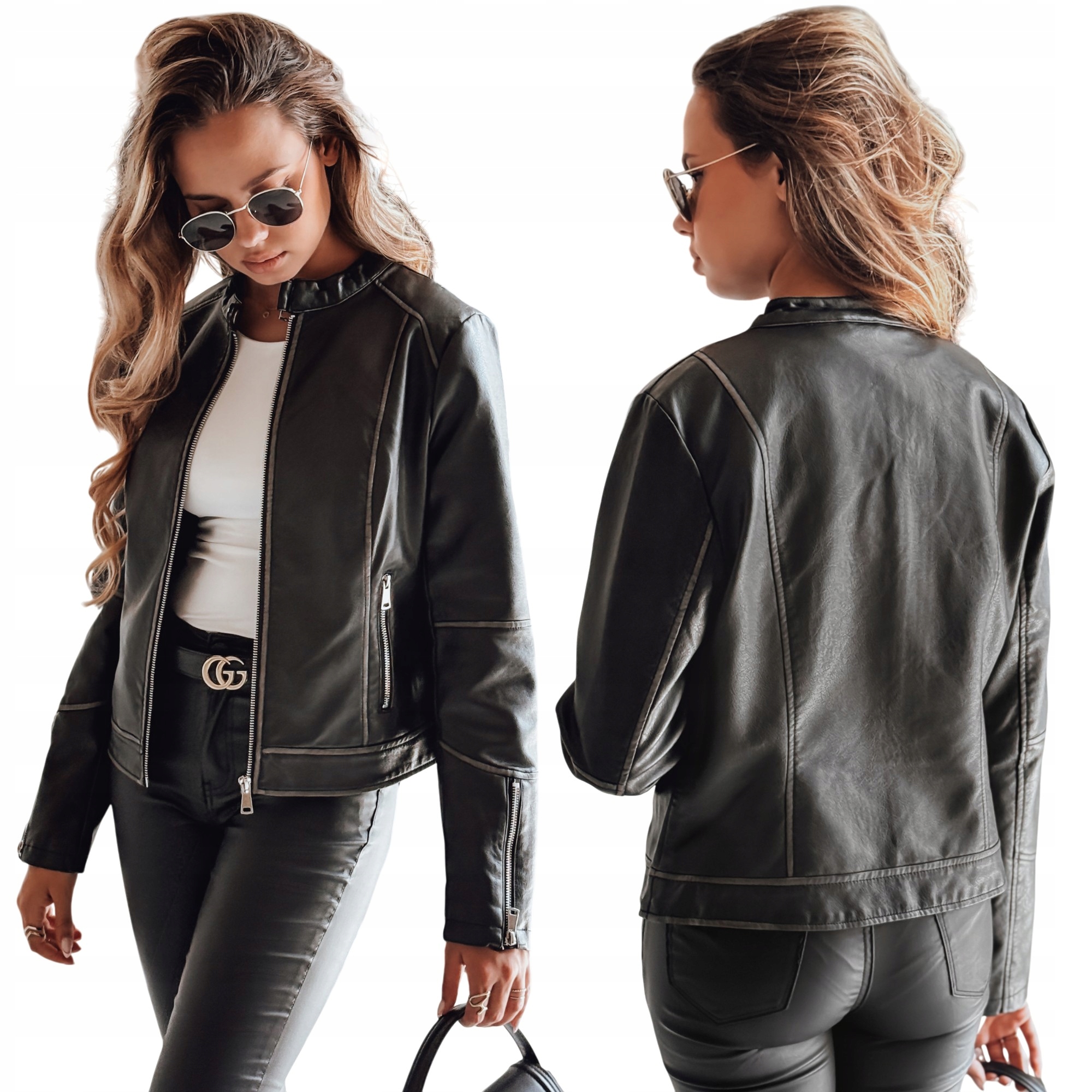 Kurtka damska biker skórzana przejściowa ze stójką czarna TY4964 L