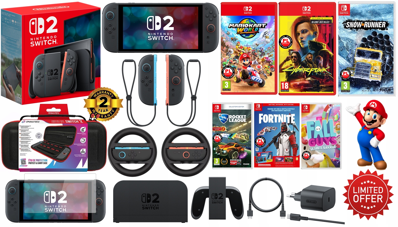 Nintendo Switch 2 +256GB gry Pl etui XL szkło 2 kierownice =prezent