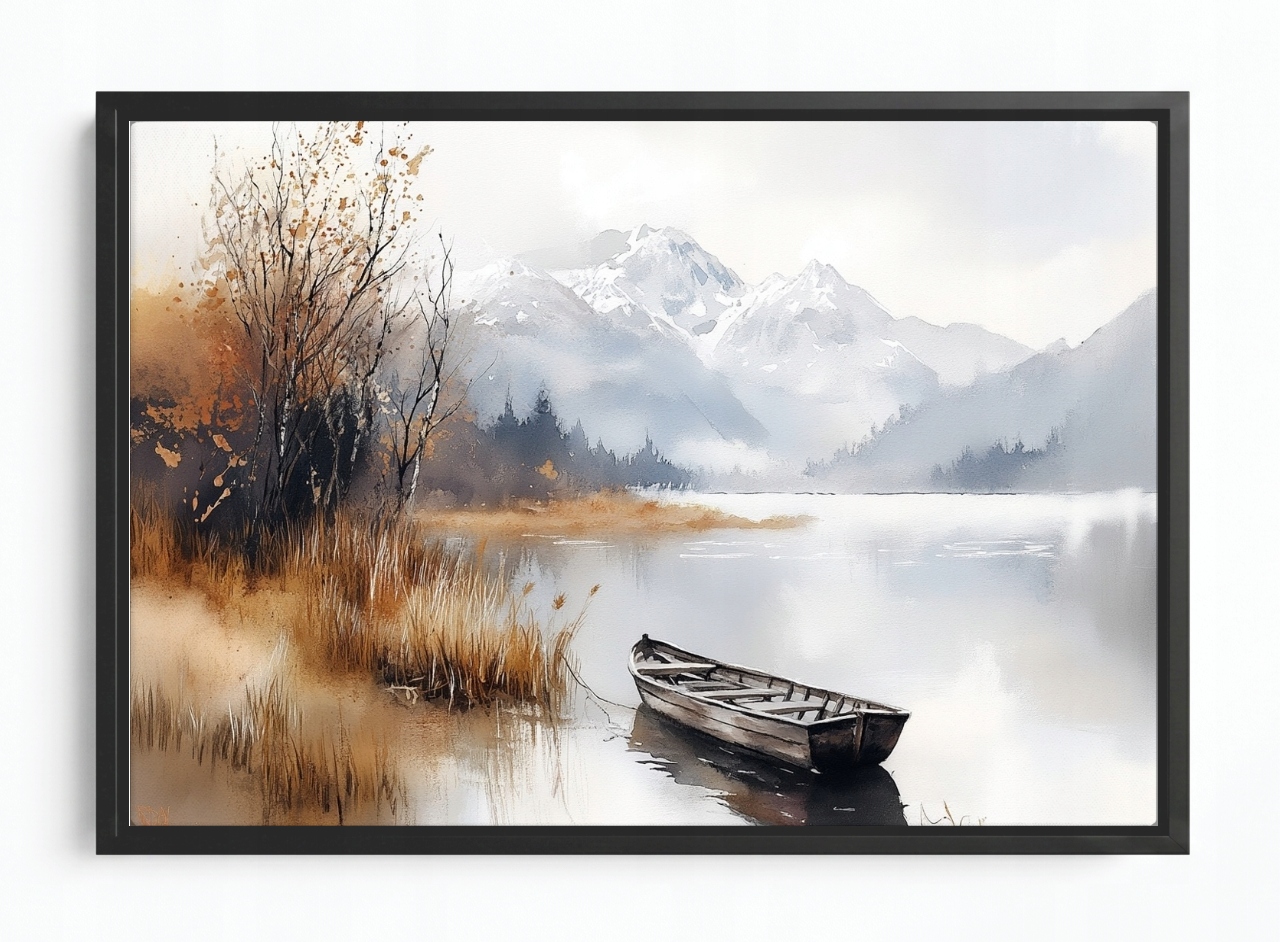 Obraz Rám Americký Box Krajina Venkovní Hory Jezero Loďka Mlha Podzim 120x80
