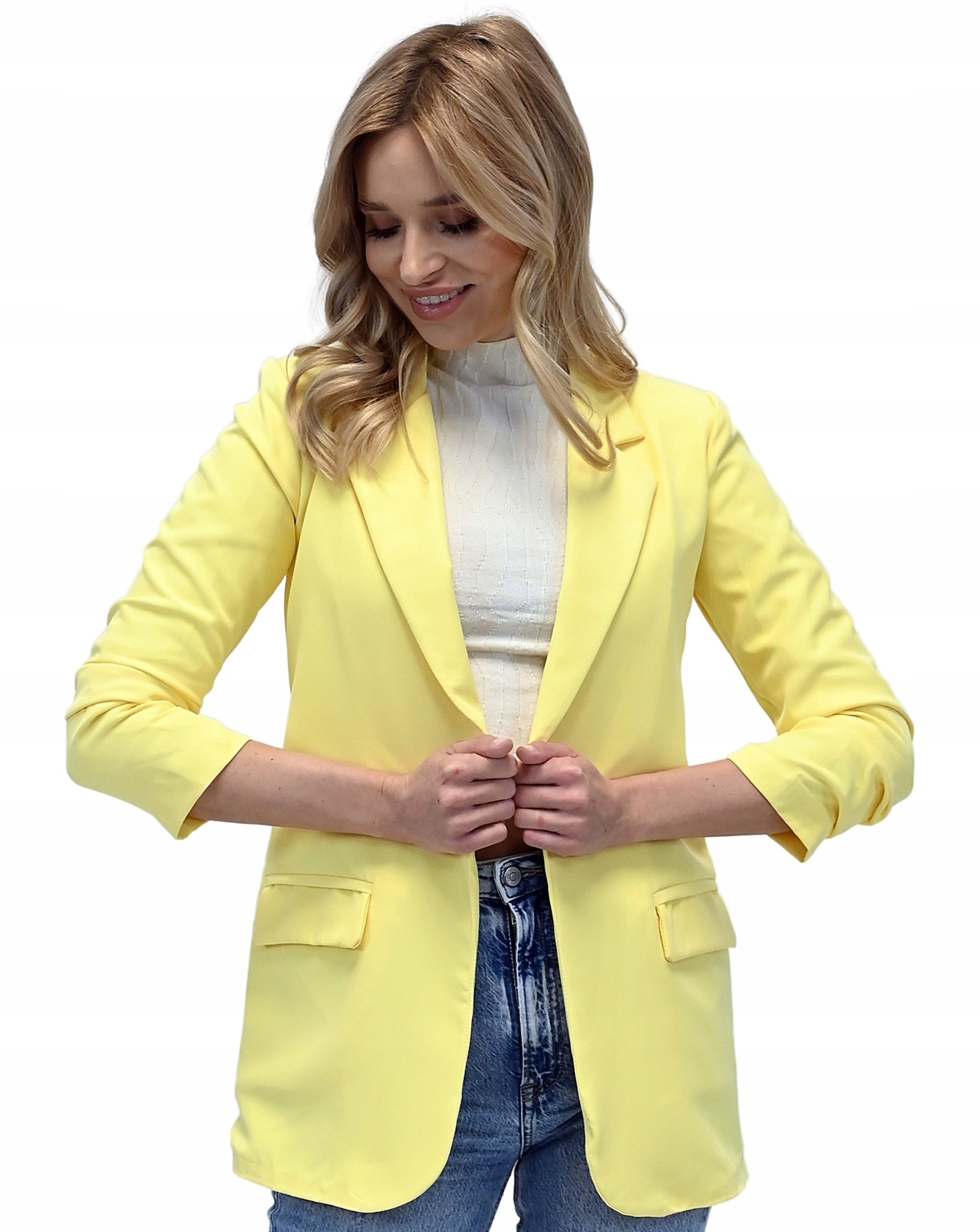 Damska marynarka Żakiet elegancka luźna Żółty L/40 Okazja elegancka