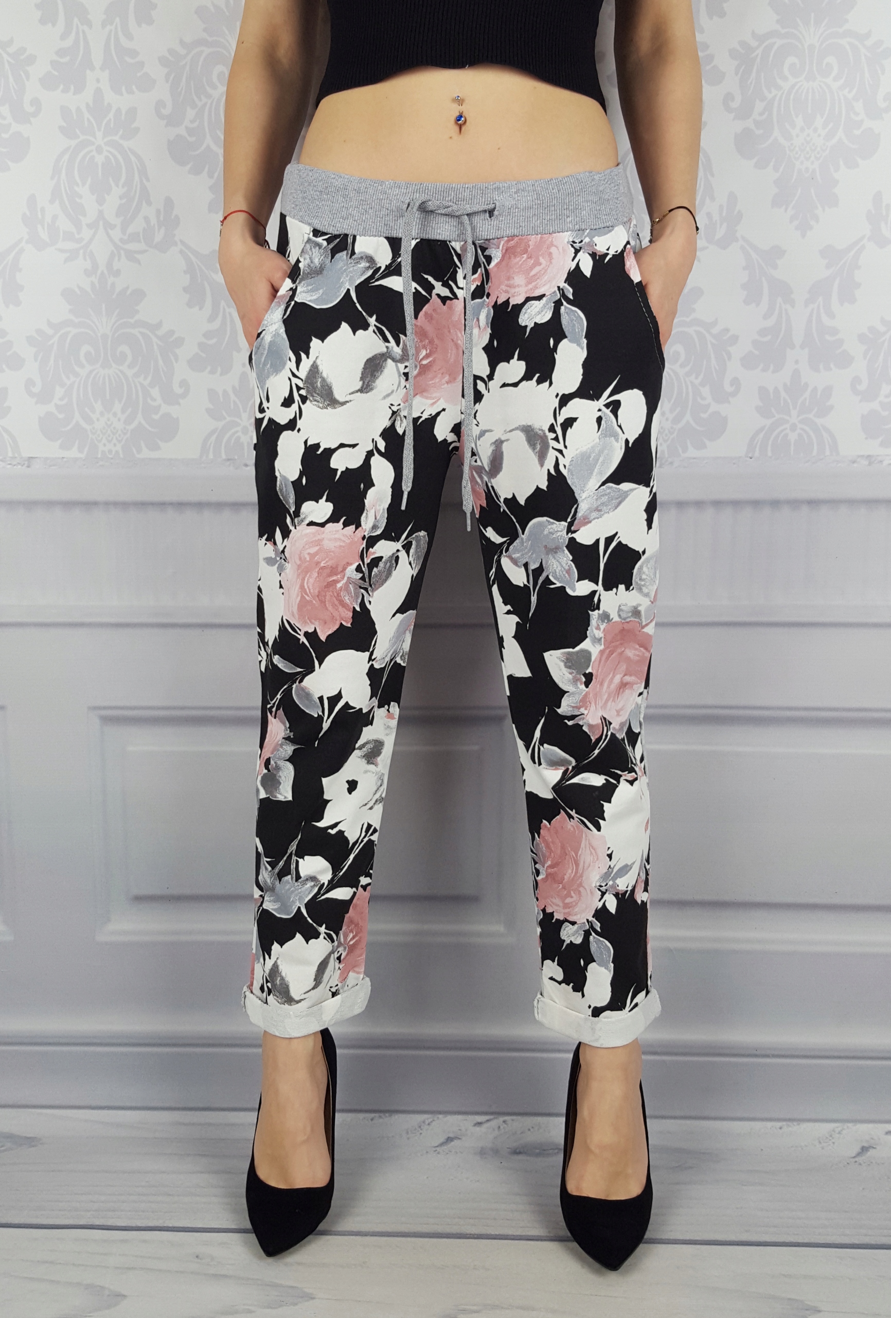 WYGODNE - SPODNIE - DRESOWE - KWIATY - BAWEŁNIANE Długość nogawki długa