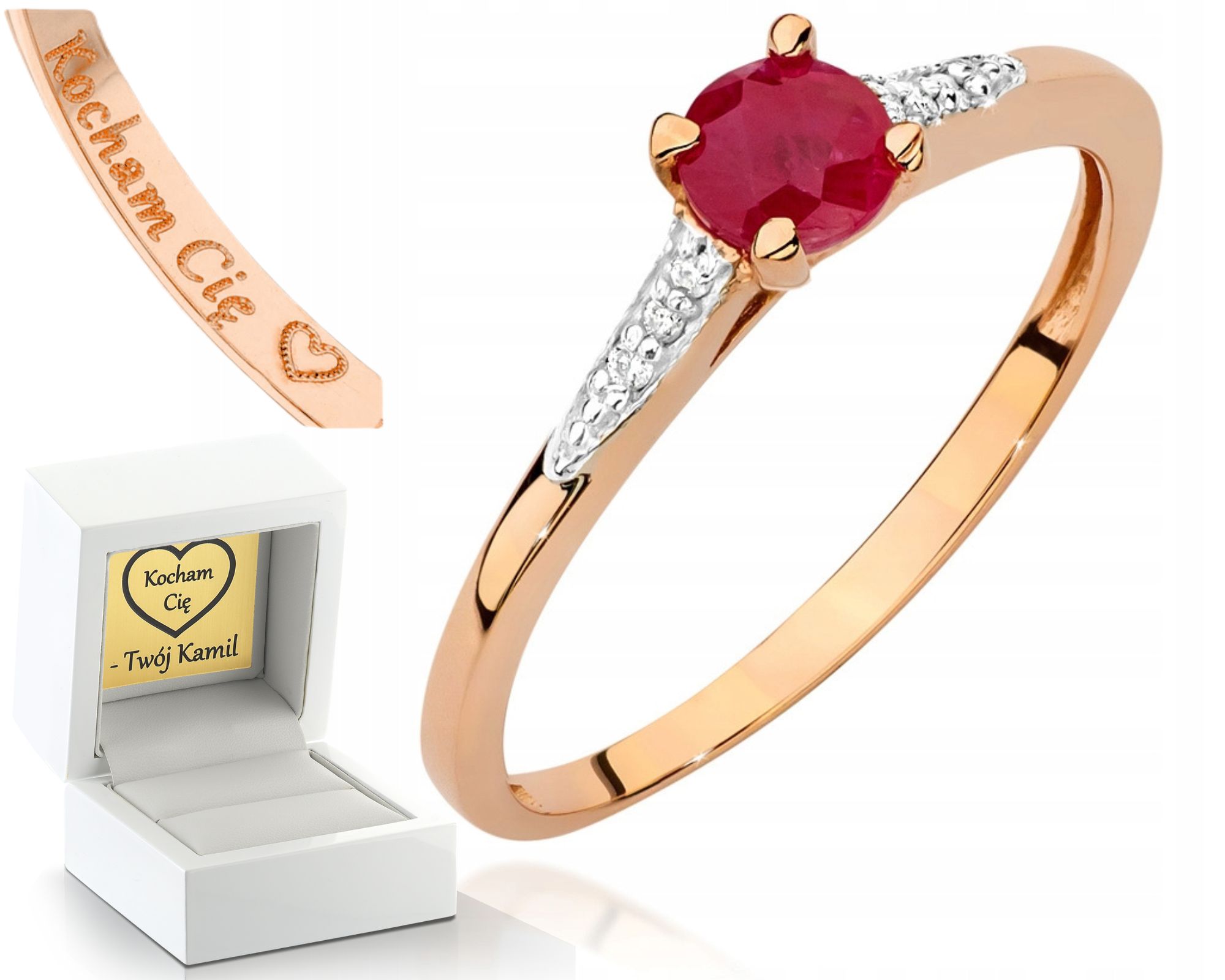 Růžové Zlato Prstýnek Rubín Brilianty Gravírování 585