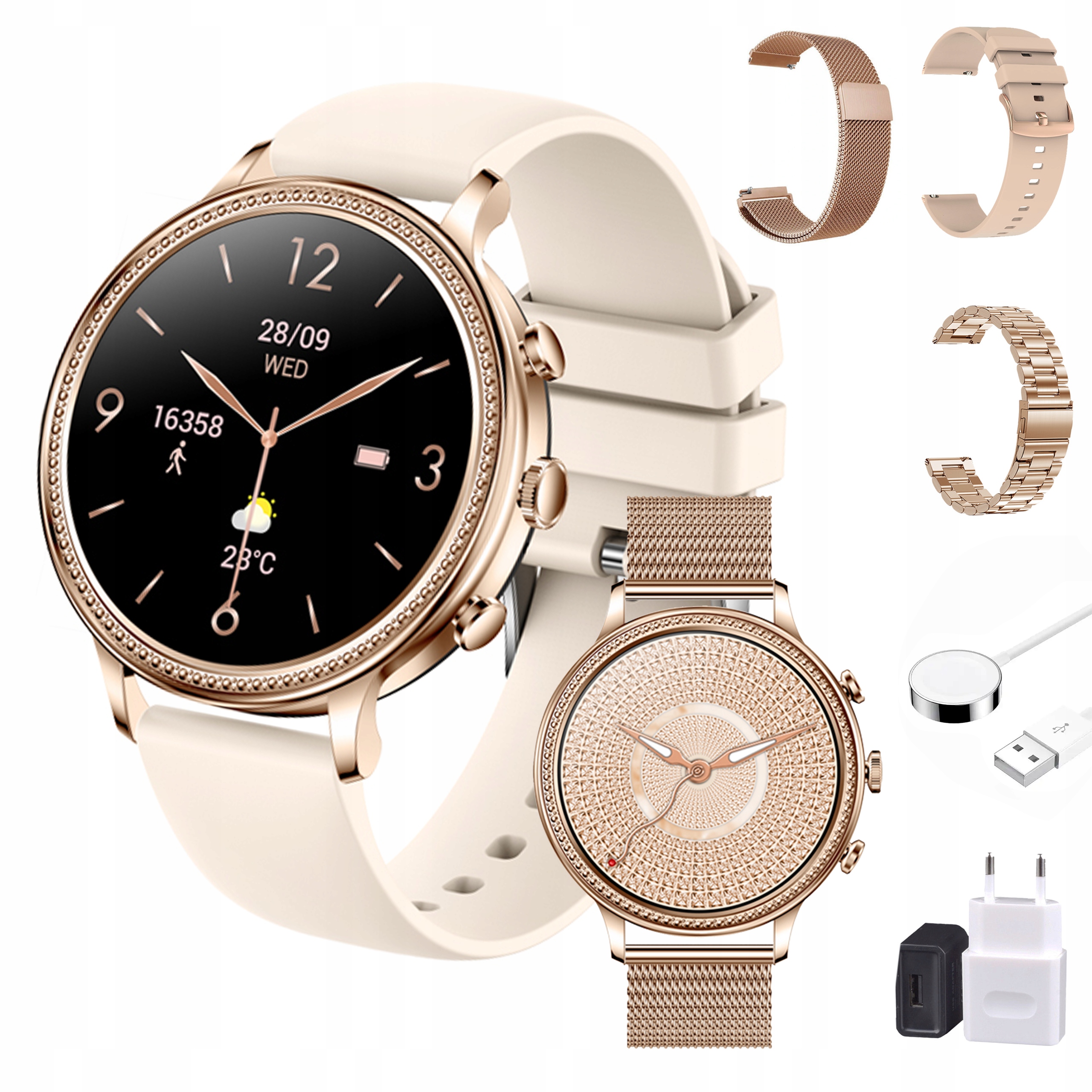 ELEGANCKI ZŁOTY SMARTWATCH ZEGAREK ROZMOWY MENU PL