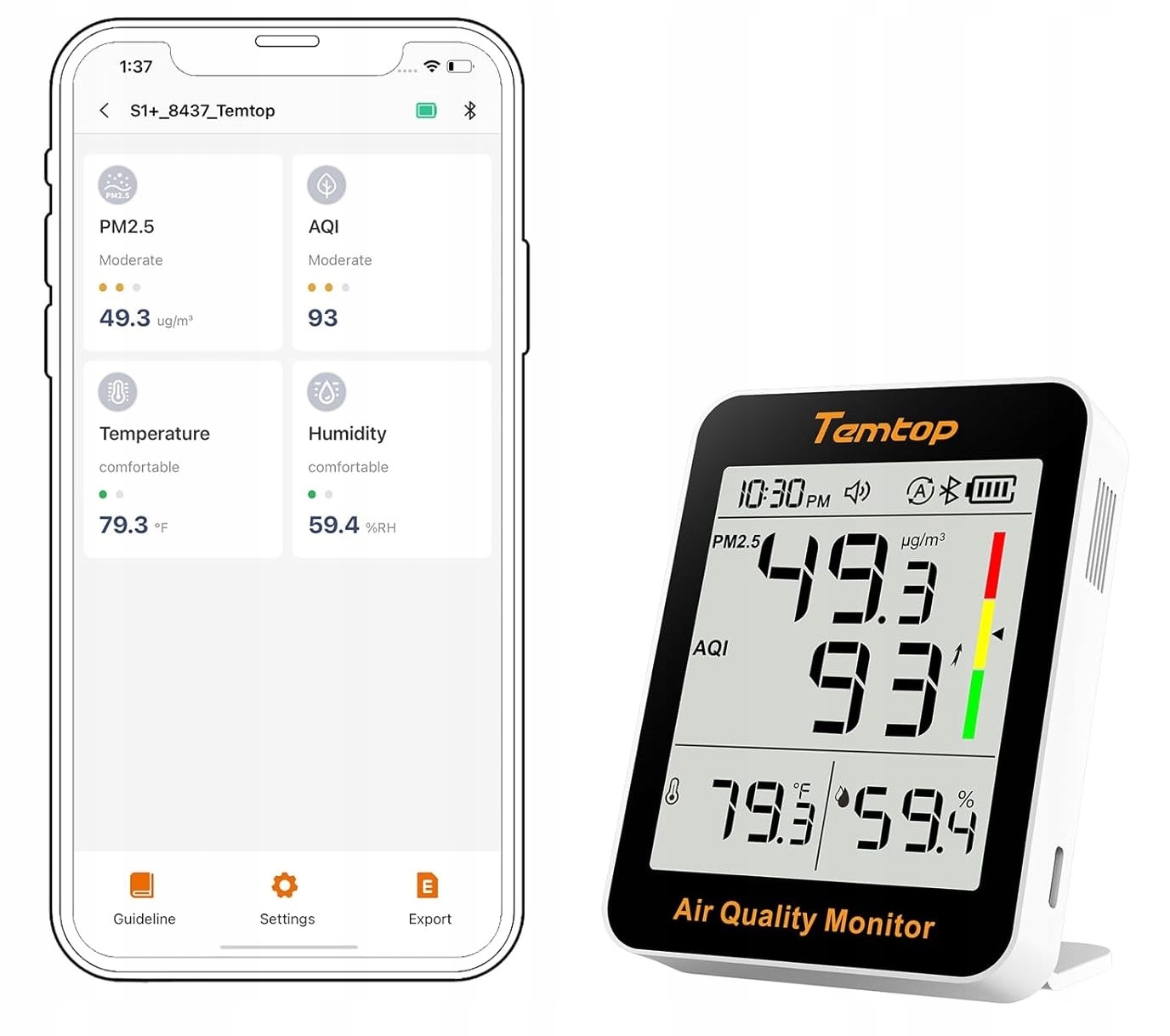 Domácí měřič Snímač čistoty vzduchu Pm 2,5 Temp %rh Aqi Aplikace Bt