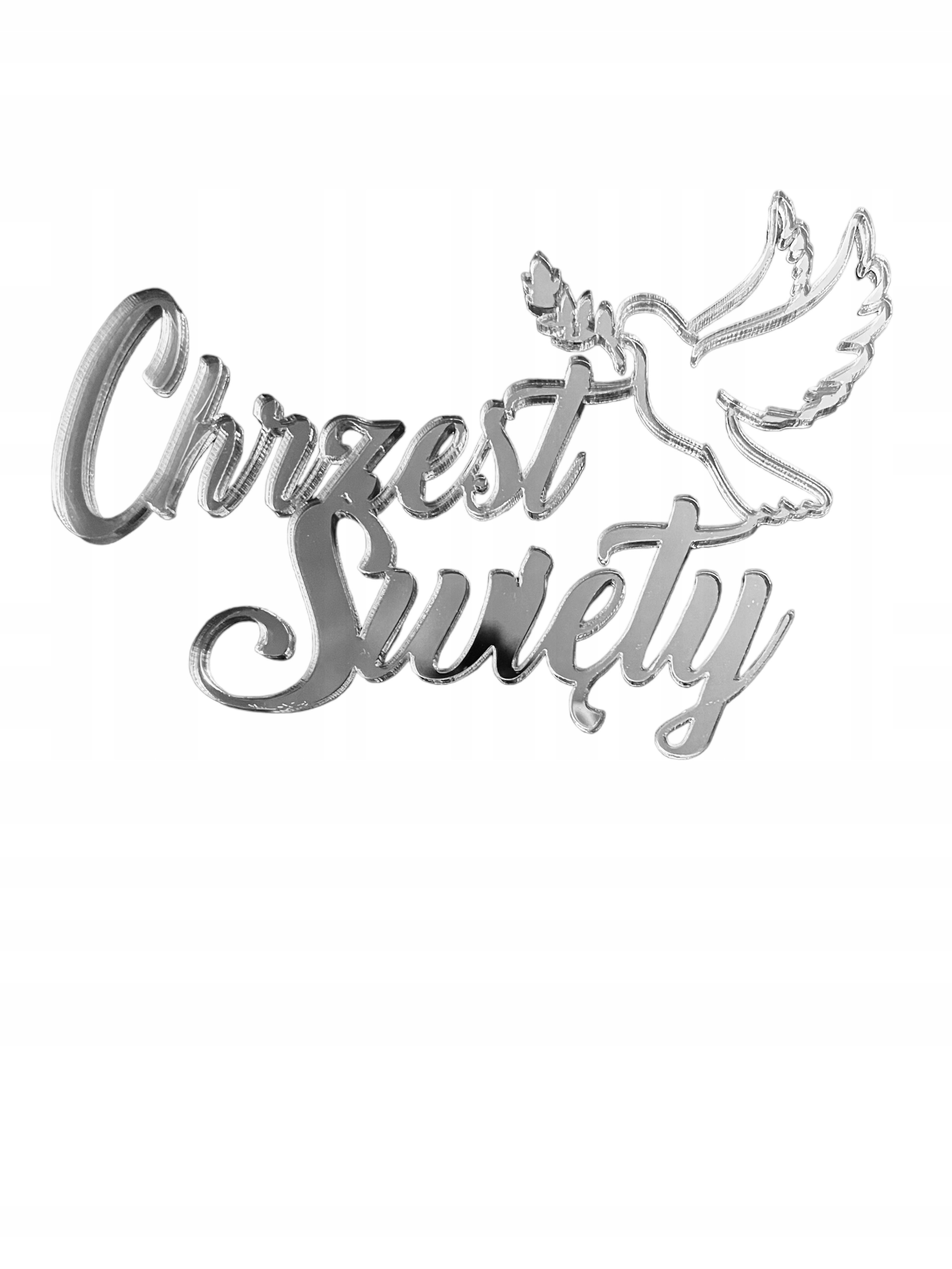 TOPPER DEKOR Na bok tortu CHRZEST SWIETY Z GOŁĄBKIEM srebrny lustrzany Marka Kapart