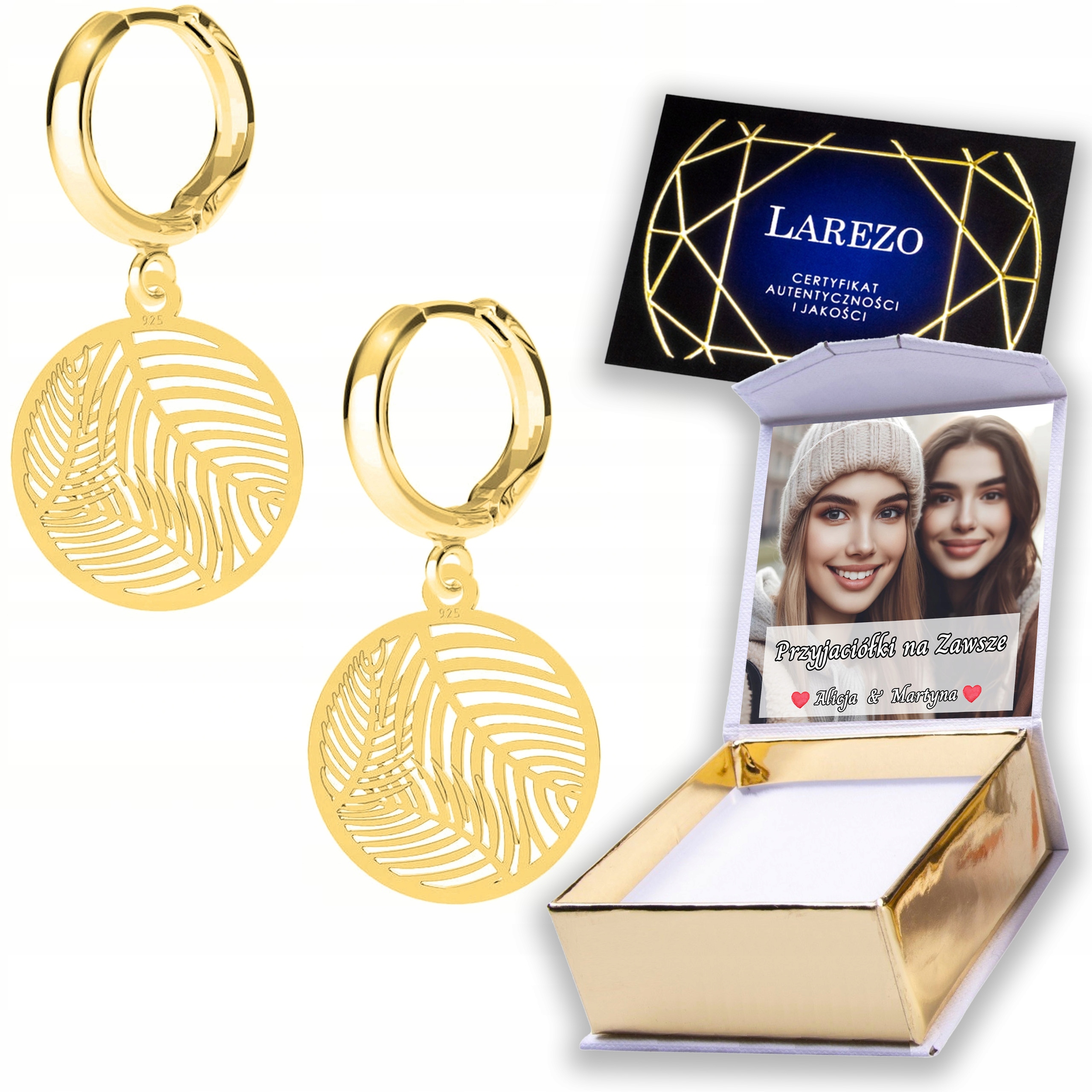 Zlaté Náušnice 925 Kulaté plechy s palmovými listy Palmový List Potisk