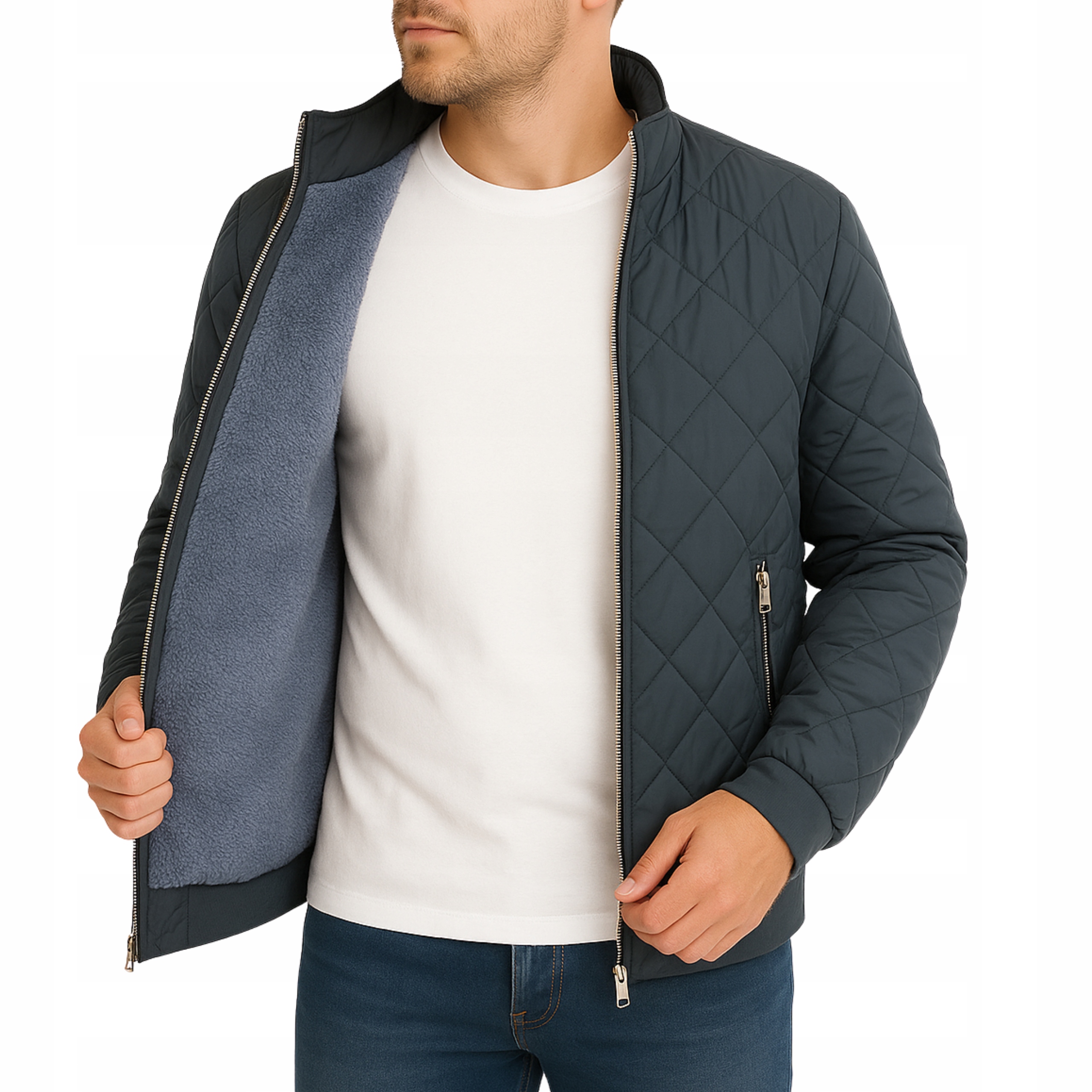 Pikowana kurtka męska ocieplana z miękkim futerkiem jesienno-zimowa szara