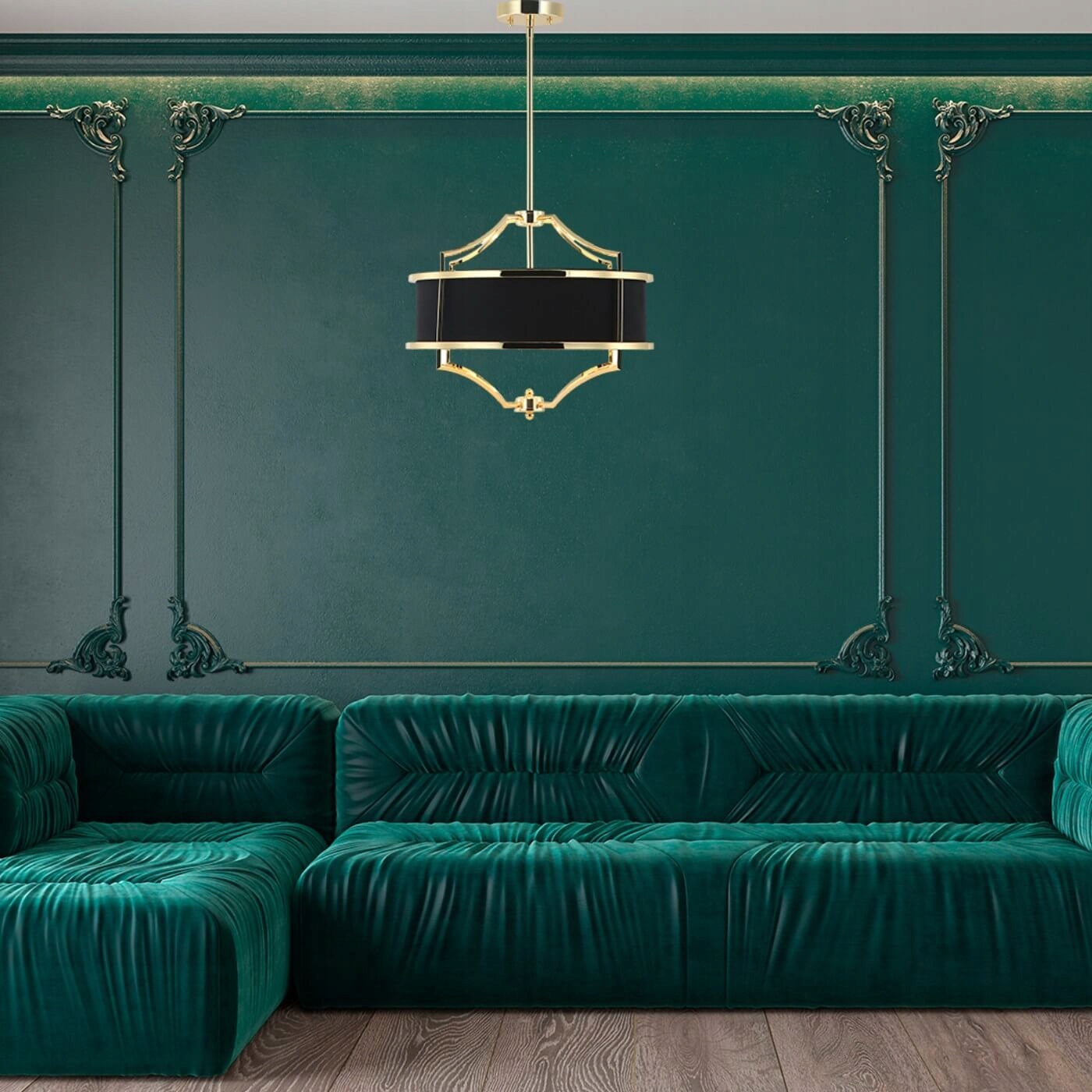 Elegantní závěsné svítidlo Stesso Gold Nero M z černé tkaniny do obývacího pokoje