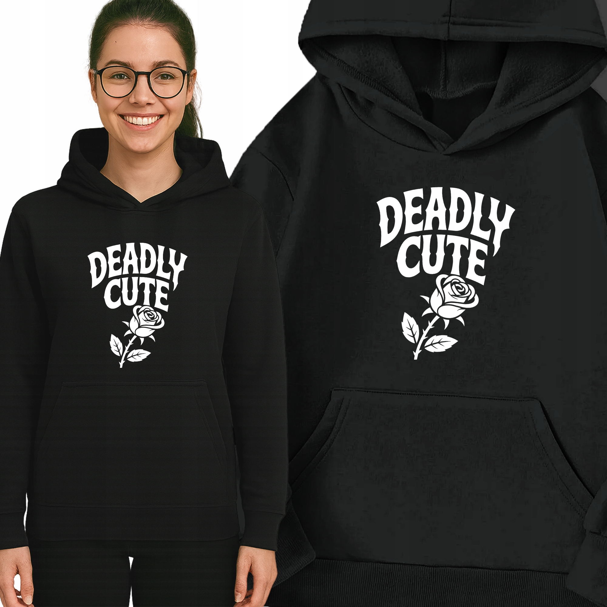 Mikina Černá Deadly Cute S Kapucí Teplá Módní vzor Dárek Vel M