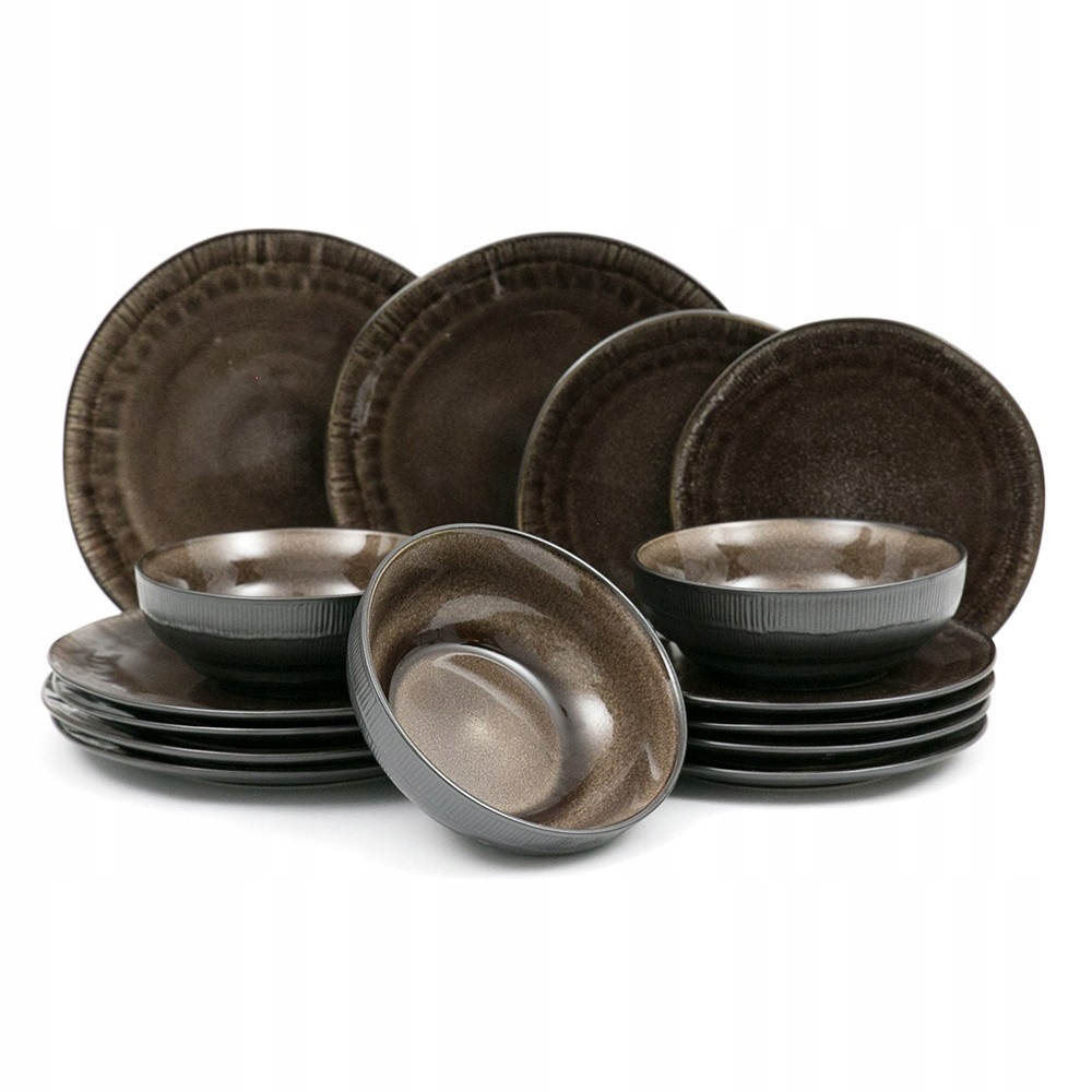 ZASTAWA STOŁOWA OBIADOWA BRĄZOWA CZARNA NA 6 OSÓB