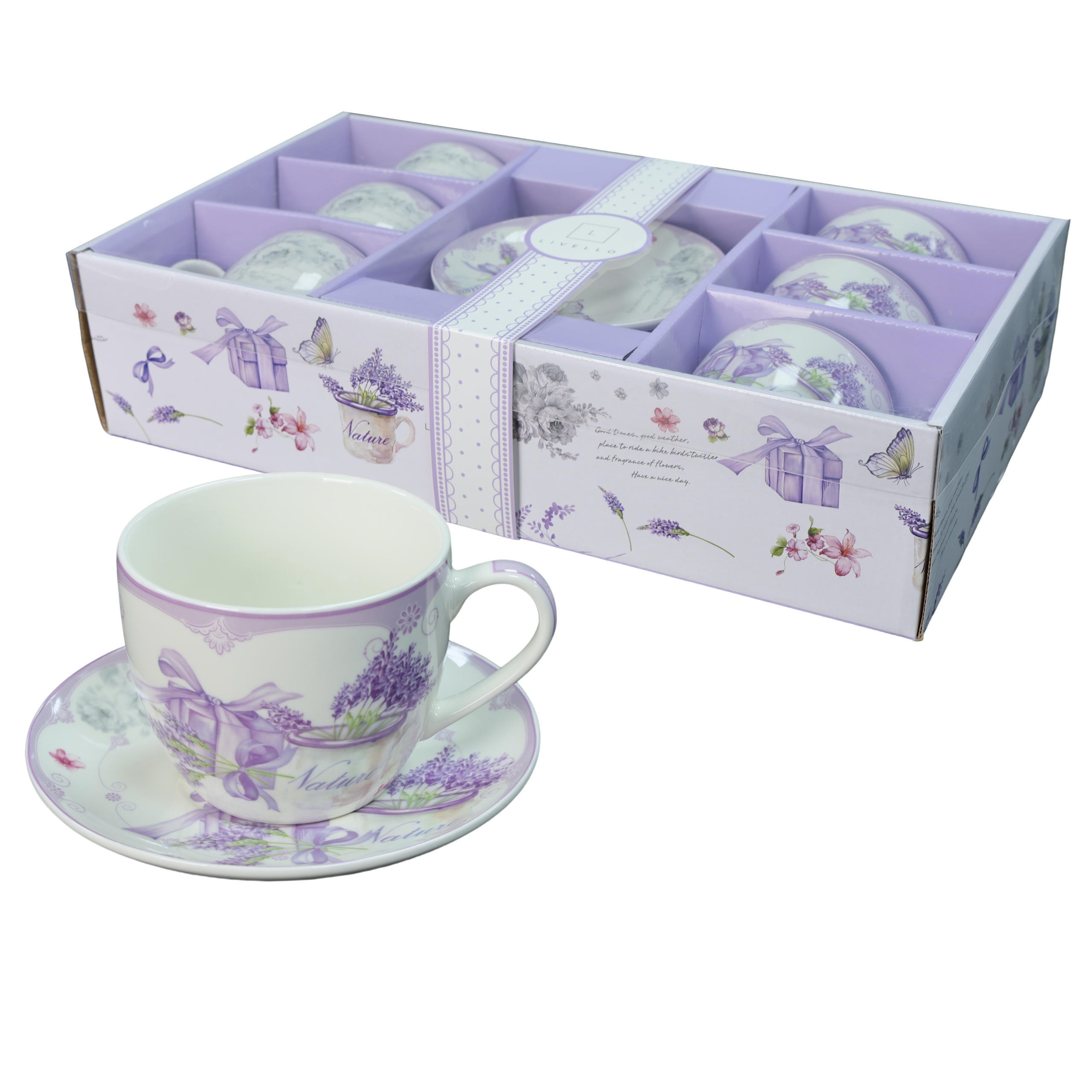 Livello Kávový servis 6 x šálek 250 ml s podšálkem 14 cm na kávu, levandule