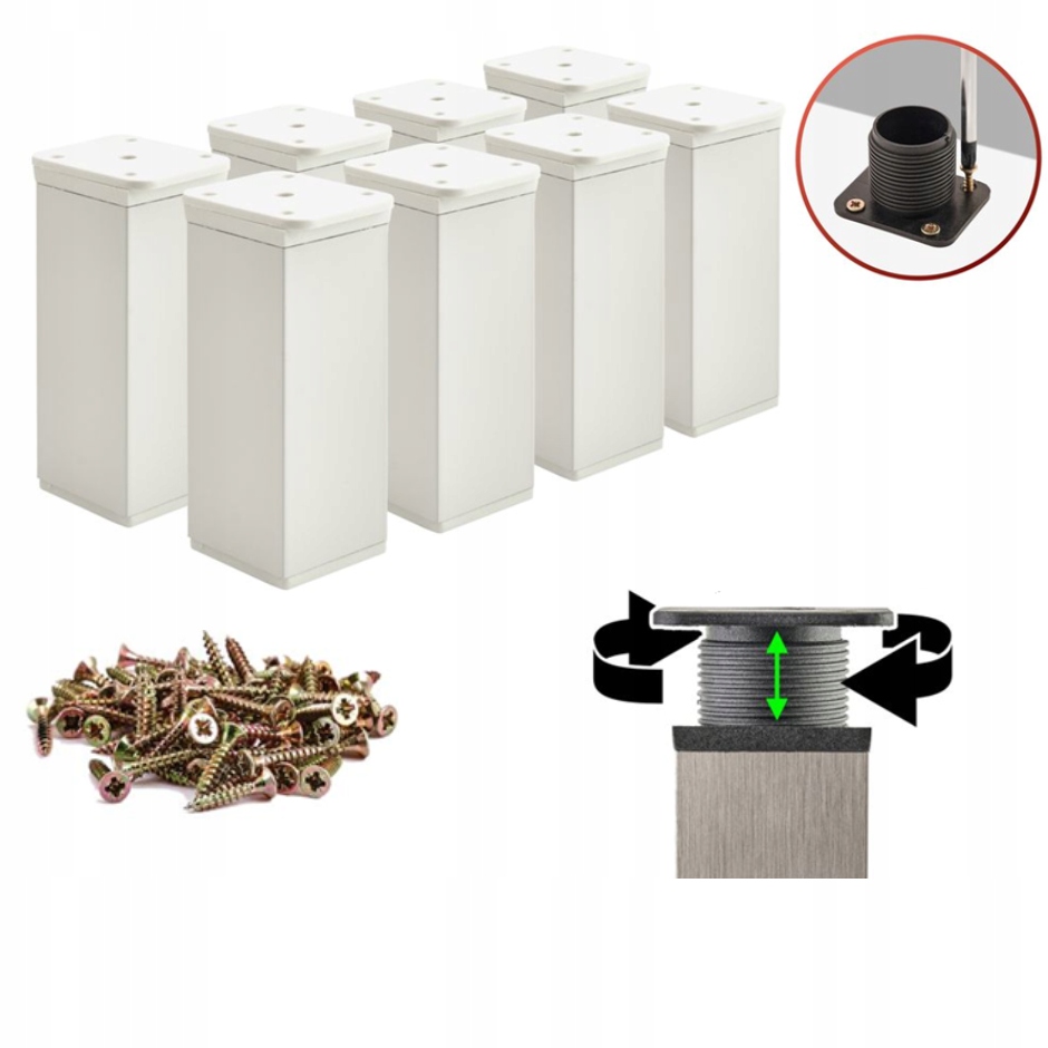 Nohy nábytkové nohy Bílé Nastavitelné pro nábytek V 15 cm Sada 8x Vruty