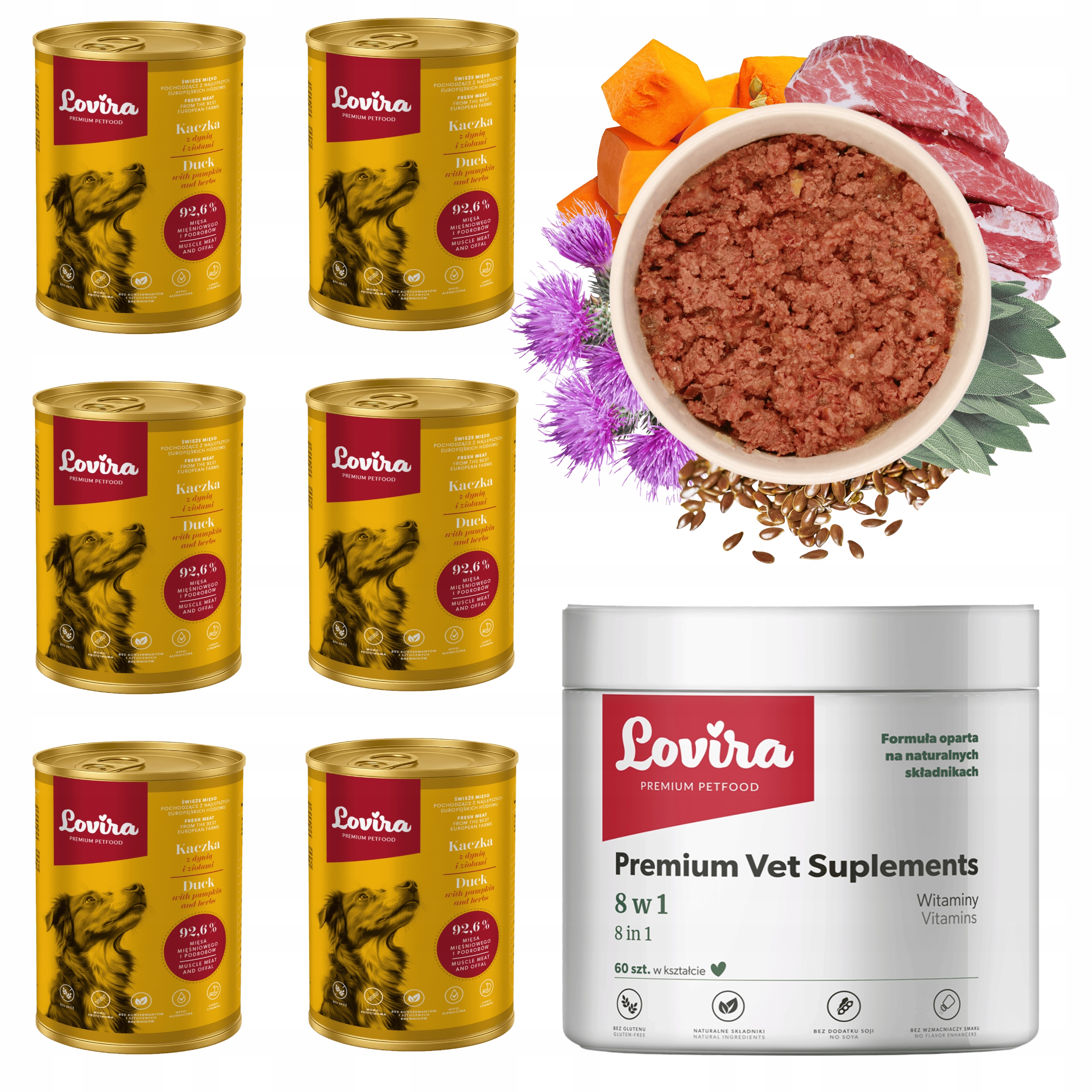 Levně 6 x Krmivo Vlhká kachna 92,6+DÁREK Doplňky Pro Psa 8v1 komplex Vitamínů