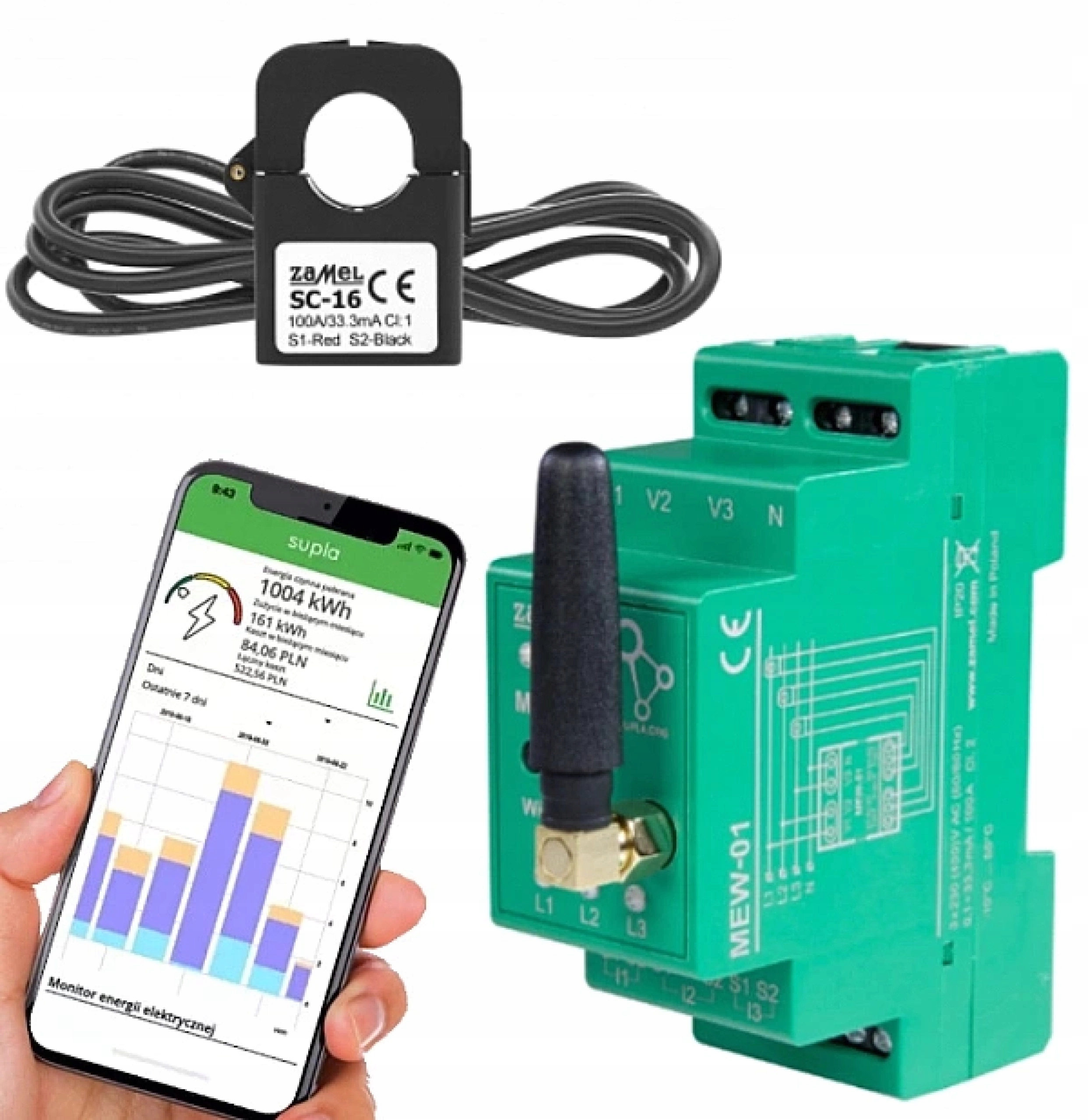 Supla Jednofázový monitor energie Wi-Fi 1F+N MEW-01